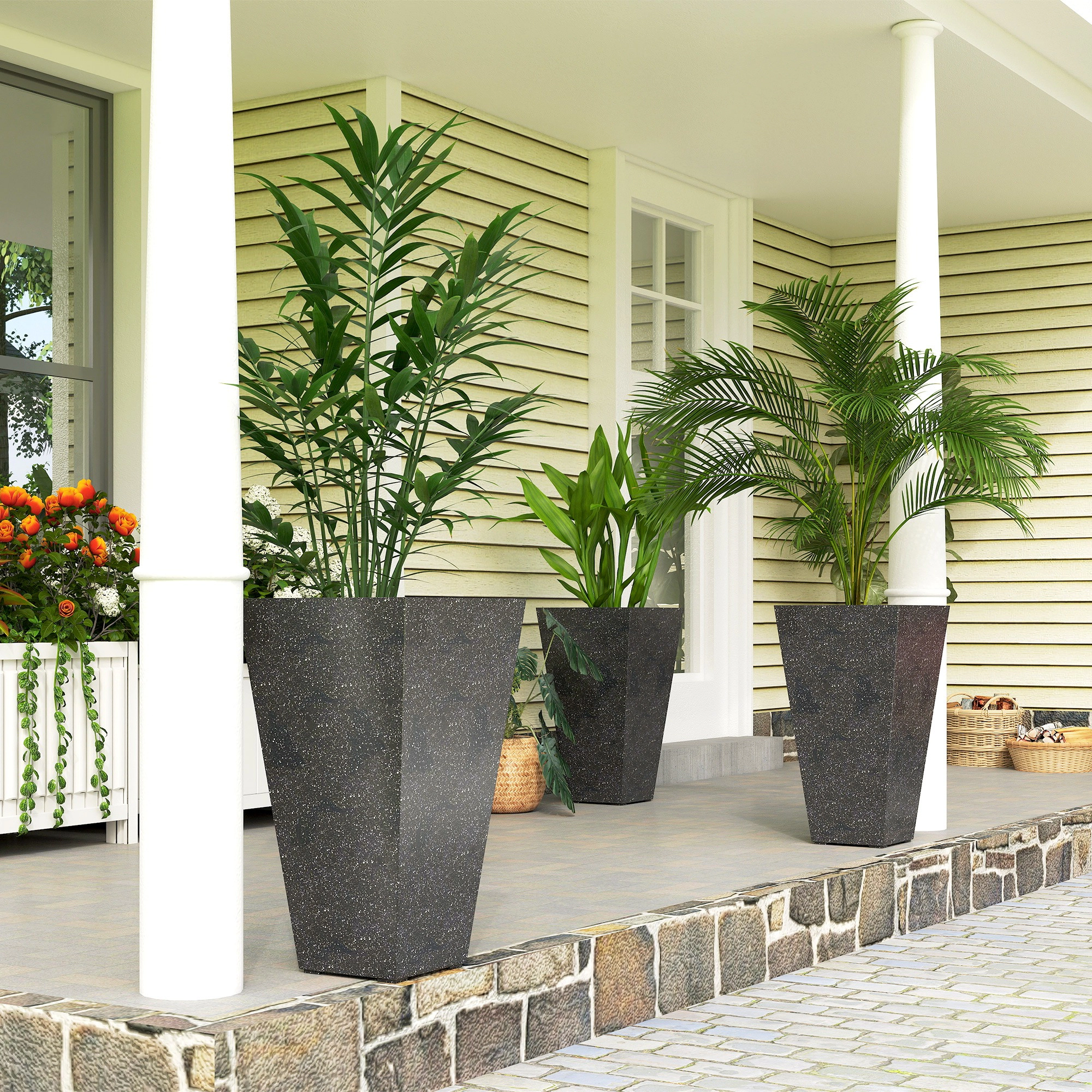 HONGGE 28" Tall Planters Set of 3 Plastic Flower Pots with Marble Finish and Drainage Holes Stackable Taper