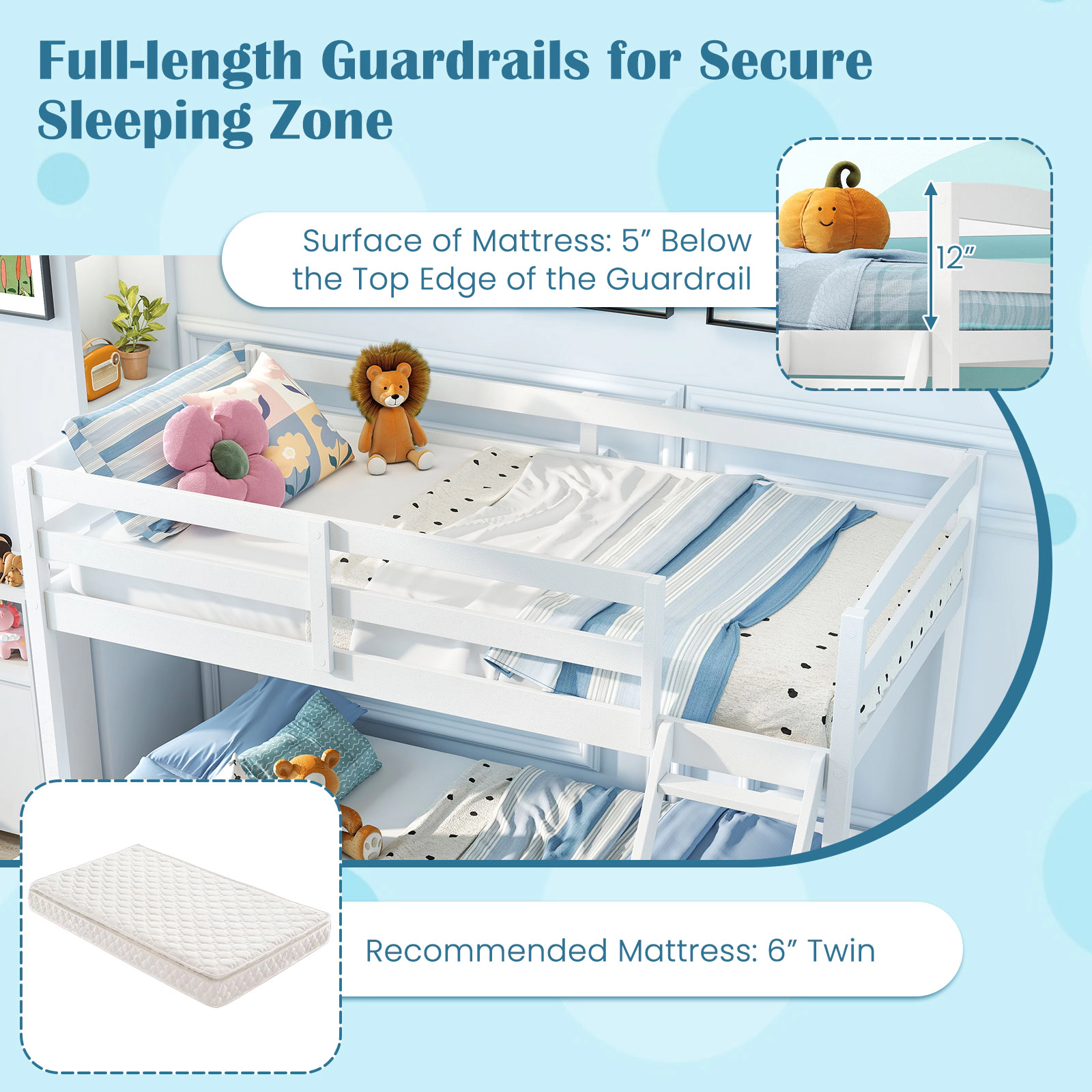 SUGIFT White 21 Support Slats and Guardrails Twin Over Full Kids Low Bunk Bed