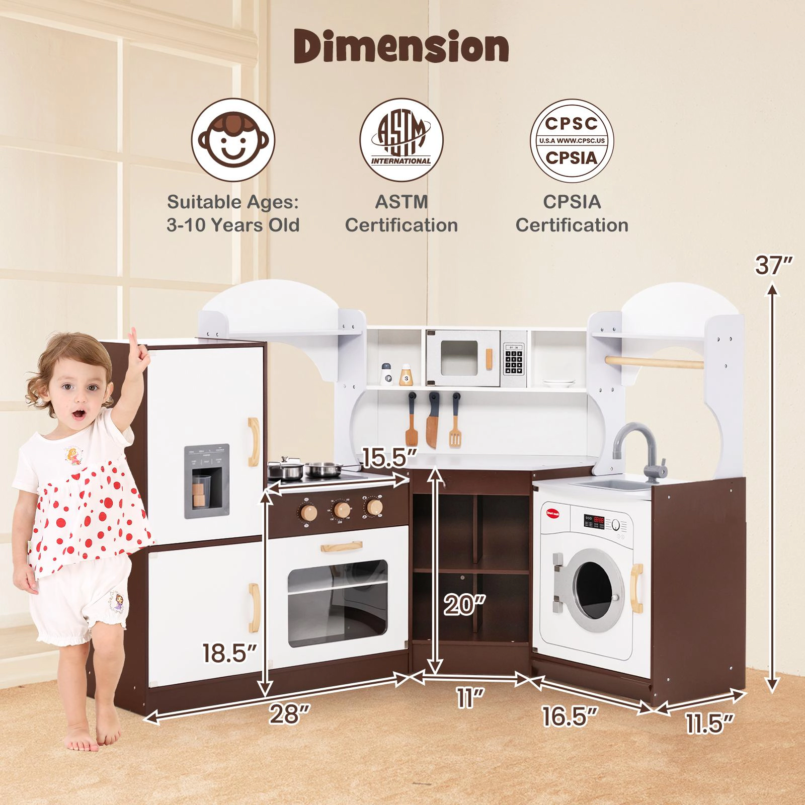 SUGIFT Corner Toddler Kitchen Playset with Ice Maker Microwave Oven Sink and Washing Machine Ages 3-10 White/Pink/Brown