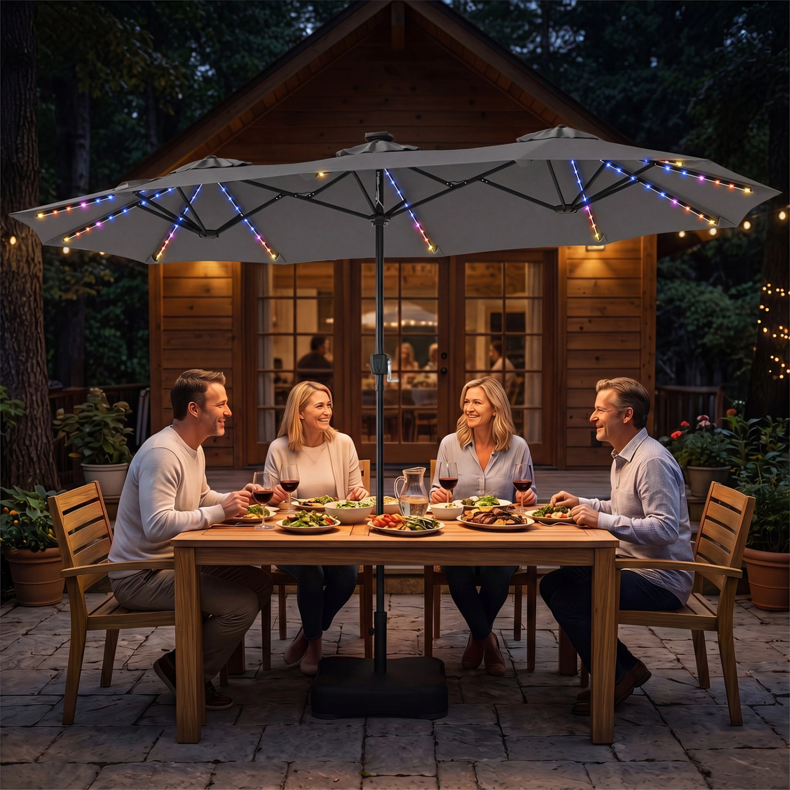 SUGIFT 13-ft Gray Rectangular Double-Sided Patio Umbrella with Solar LEDs and Weighted Base