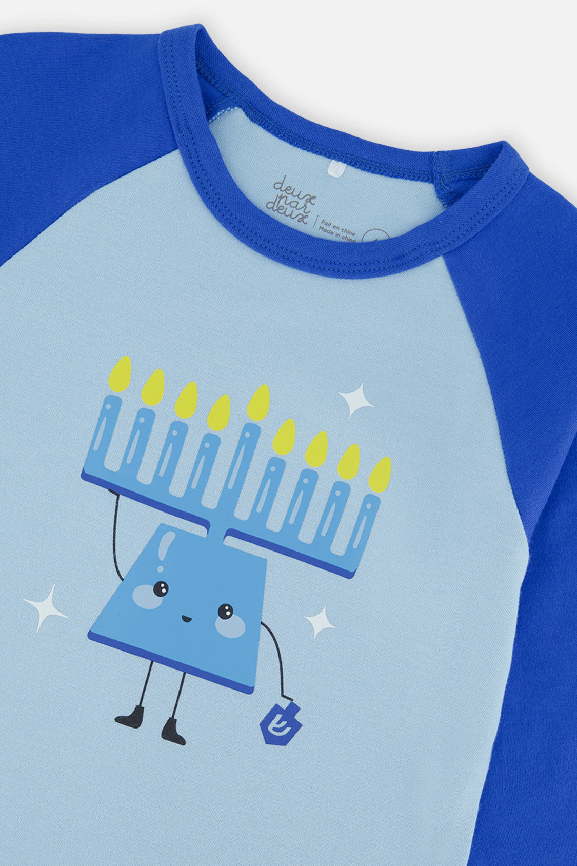 Deux par Unisex Organic Cotton Hanukkah Print Two Piece Pajama Set with Raglan Top and Pants