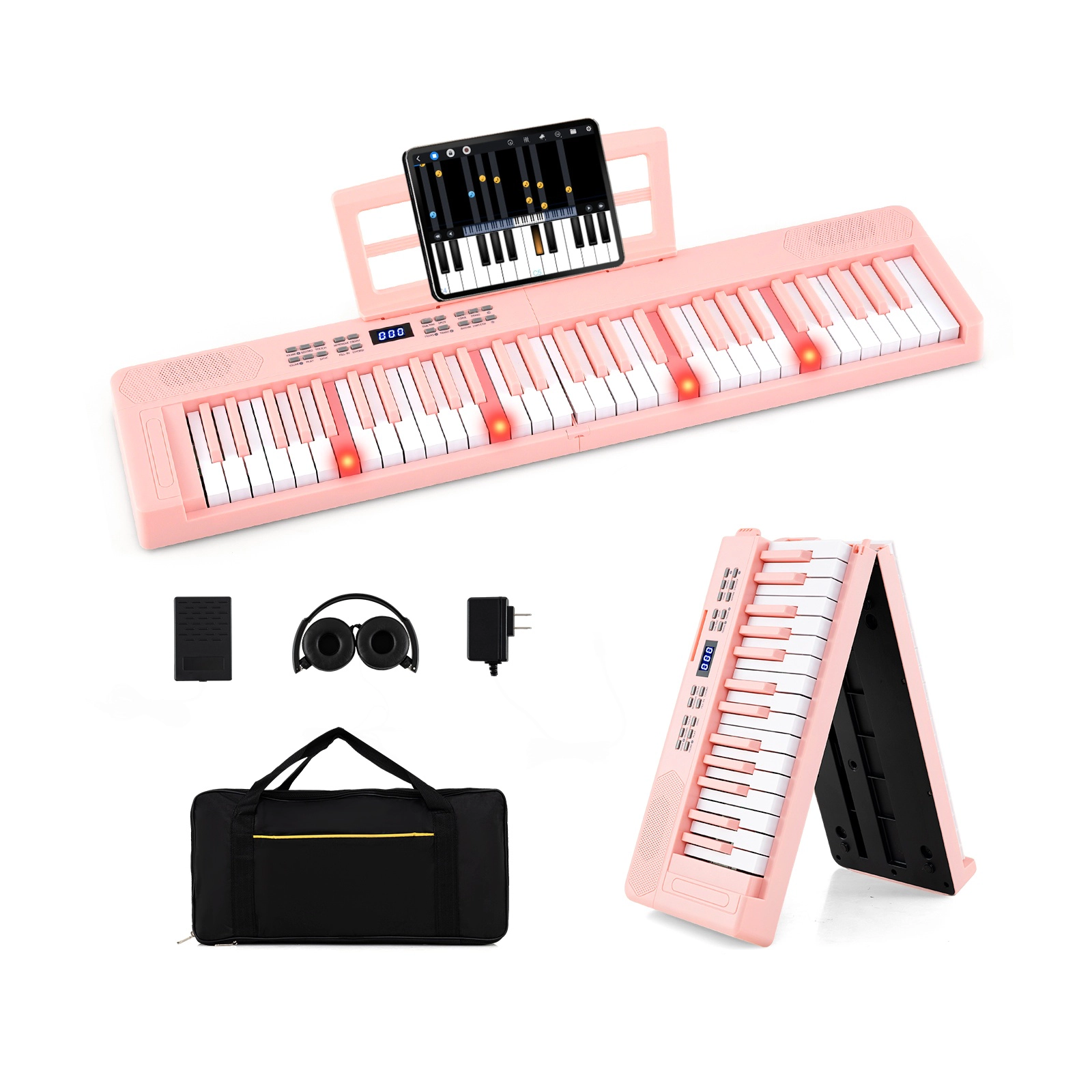 SUGIFT Pink 61-Key Foldable Piano Keyboard with Dual Speakers and Sustain Pedal Jack 37-in W 8.5-in D 2.5-in H
