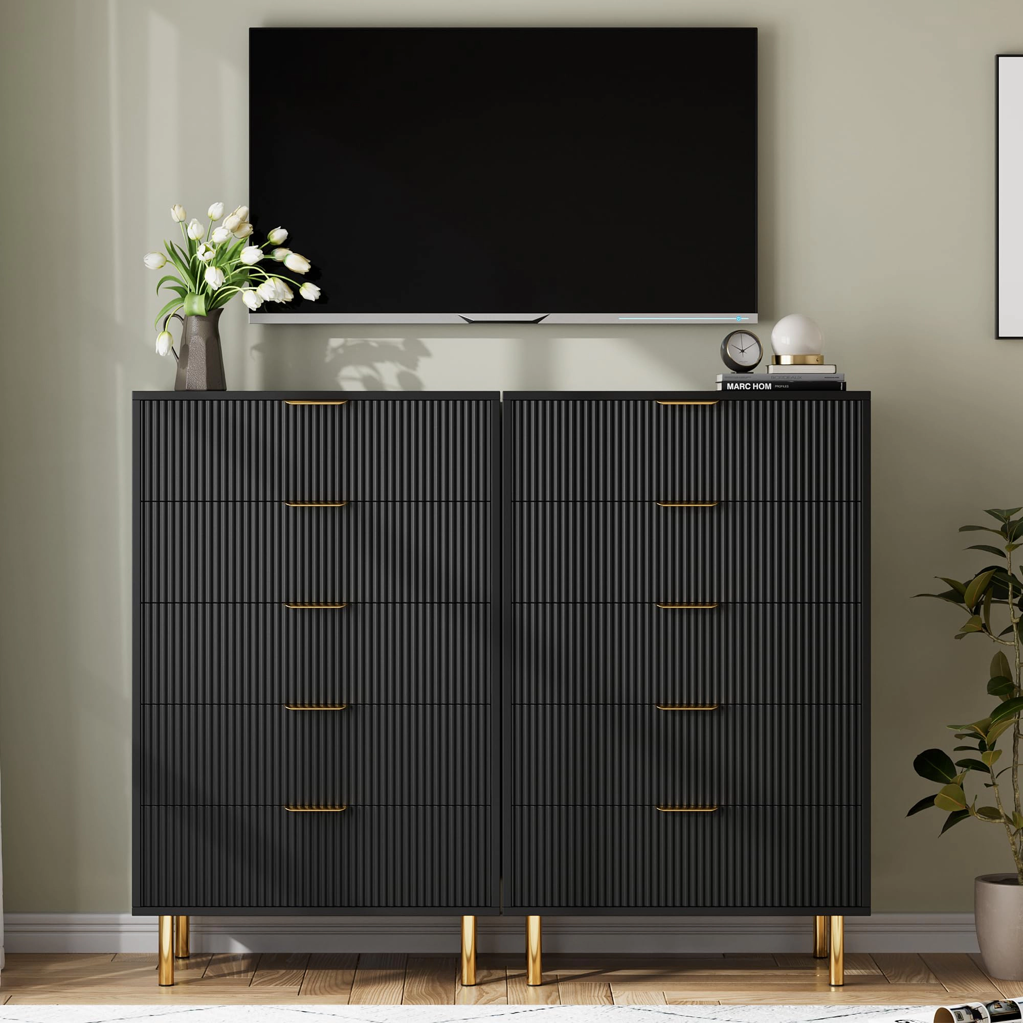 BebreezChic 5-Drawer Dresser for Bedroom with Gold Handles, Modern Wooden Chest of Drawers