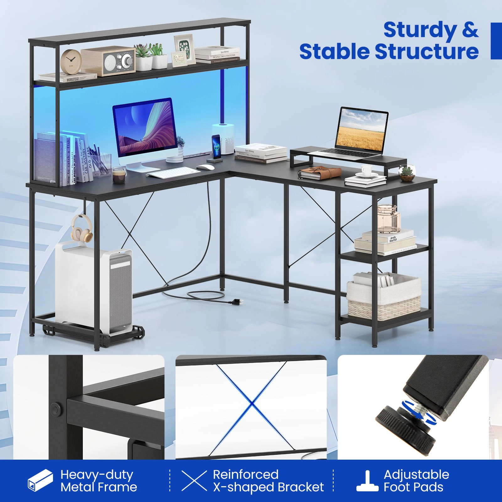 SlickBlue L Shaped Gaming Desk with LED Lights Power Strip Storage Shelves