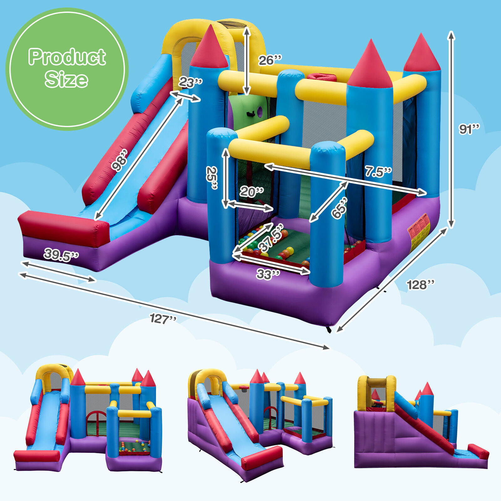 SUGIFT 4-in-1 Inflatable Bounce Castle Long Slide Climbing Wall Basketball Hoop 200-lb Capacity Ages 3-12 Multi-color