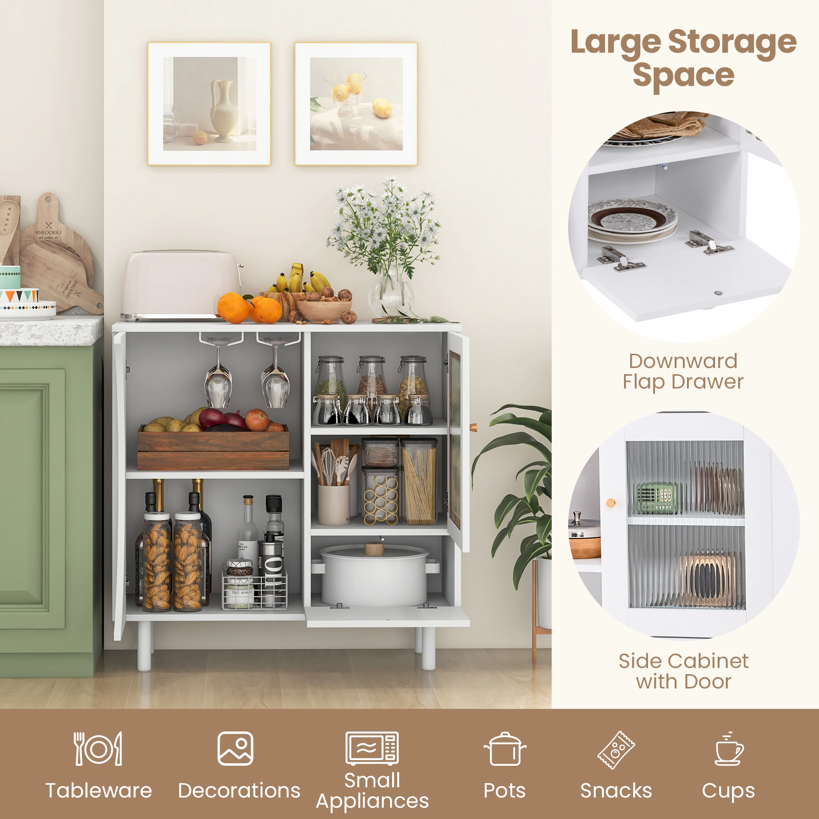 SUGIFT Stemware Rack Tempered Glass Door Flap Drawer Kitchen Sideboard 31.5-in x 12-in x 31.5-in 66-lb Capacity White