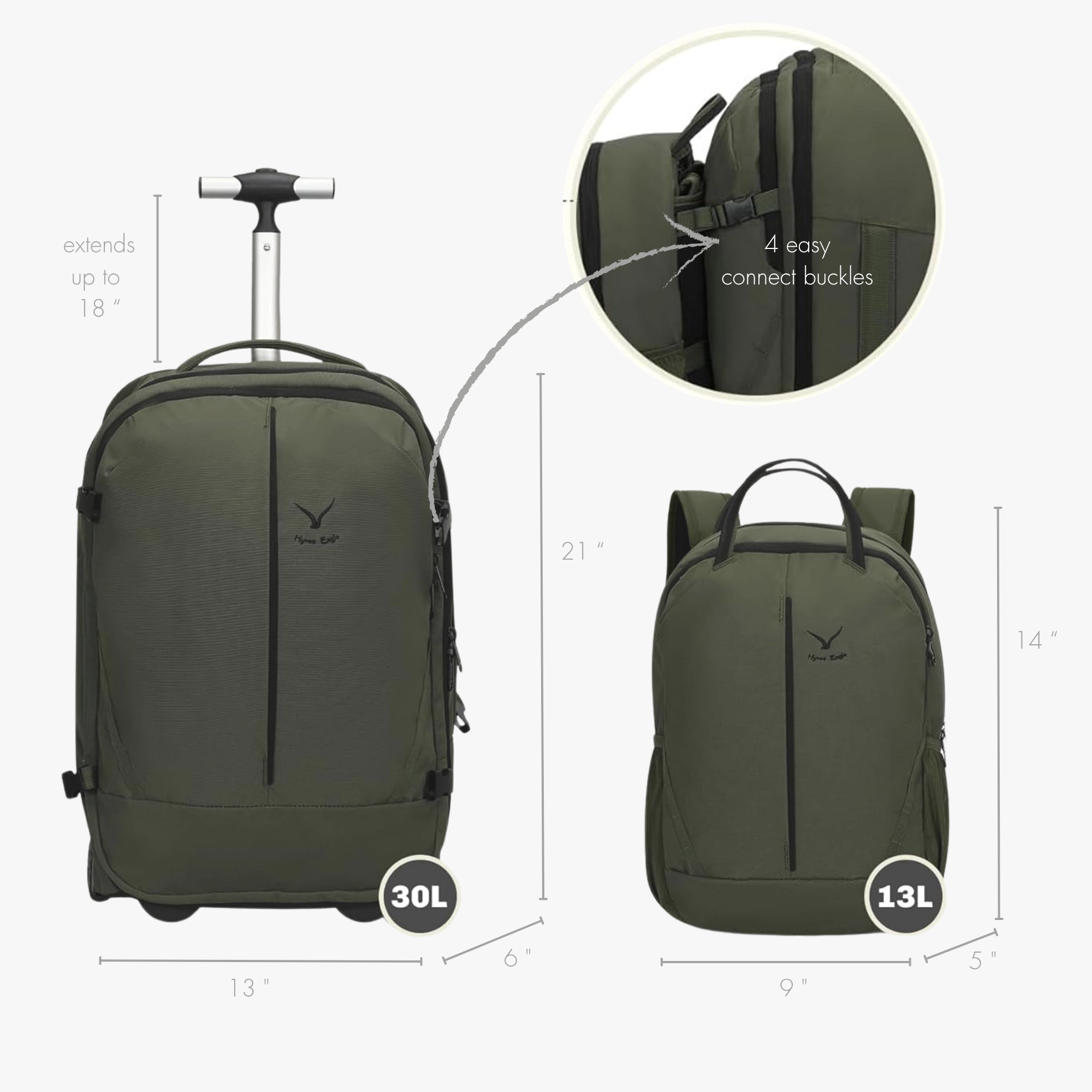 Hynes Eagle Unisex Duo 2-in-1 Rolling Travel Backpack