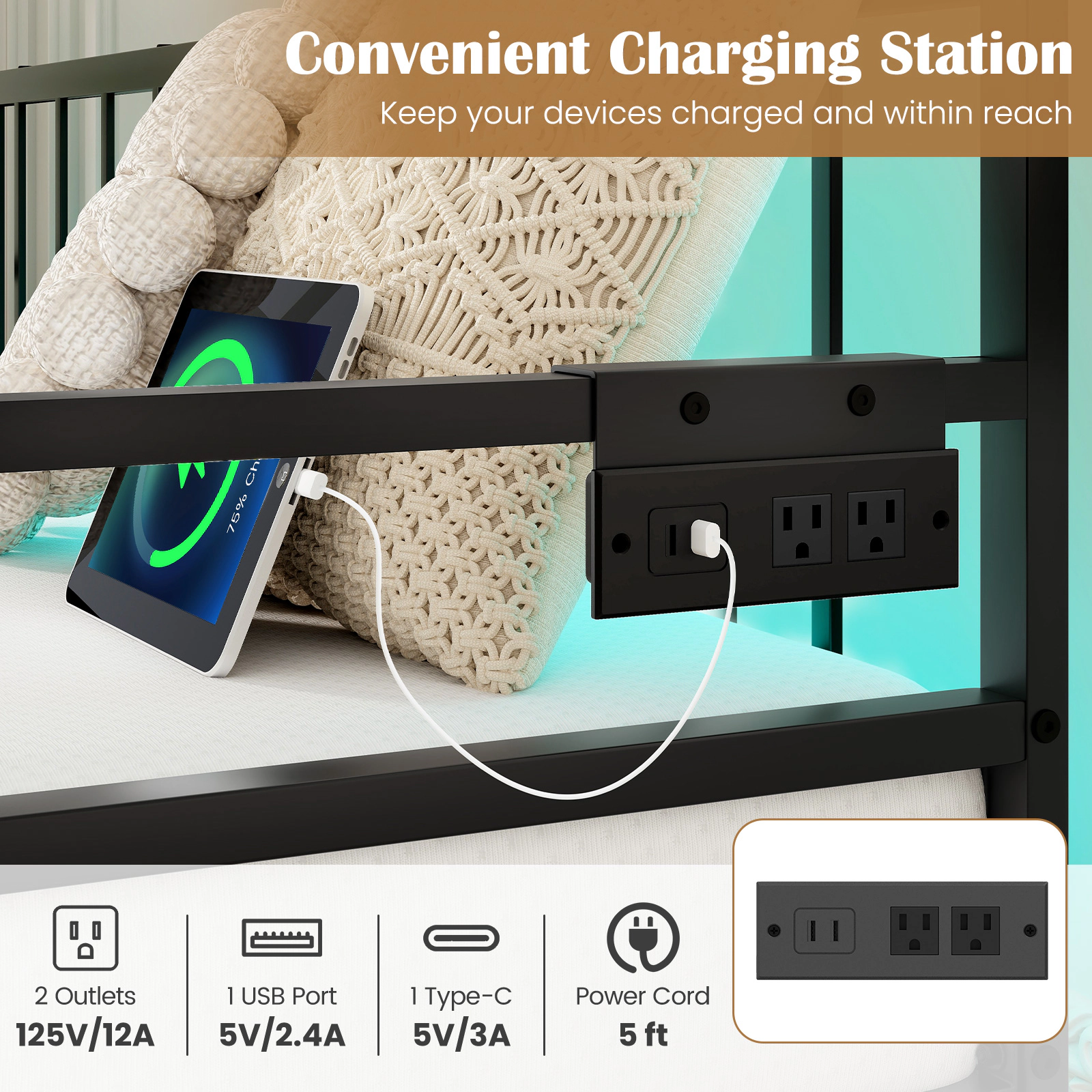 SUGIFT Adjustable Metal Twin Daybed Black with Pop Up Trundle Charging Station and LED