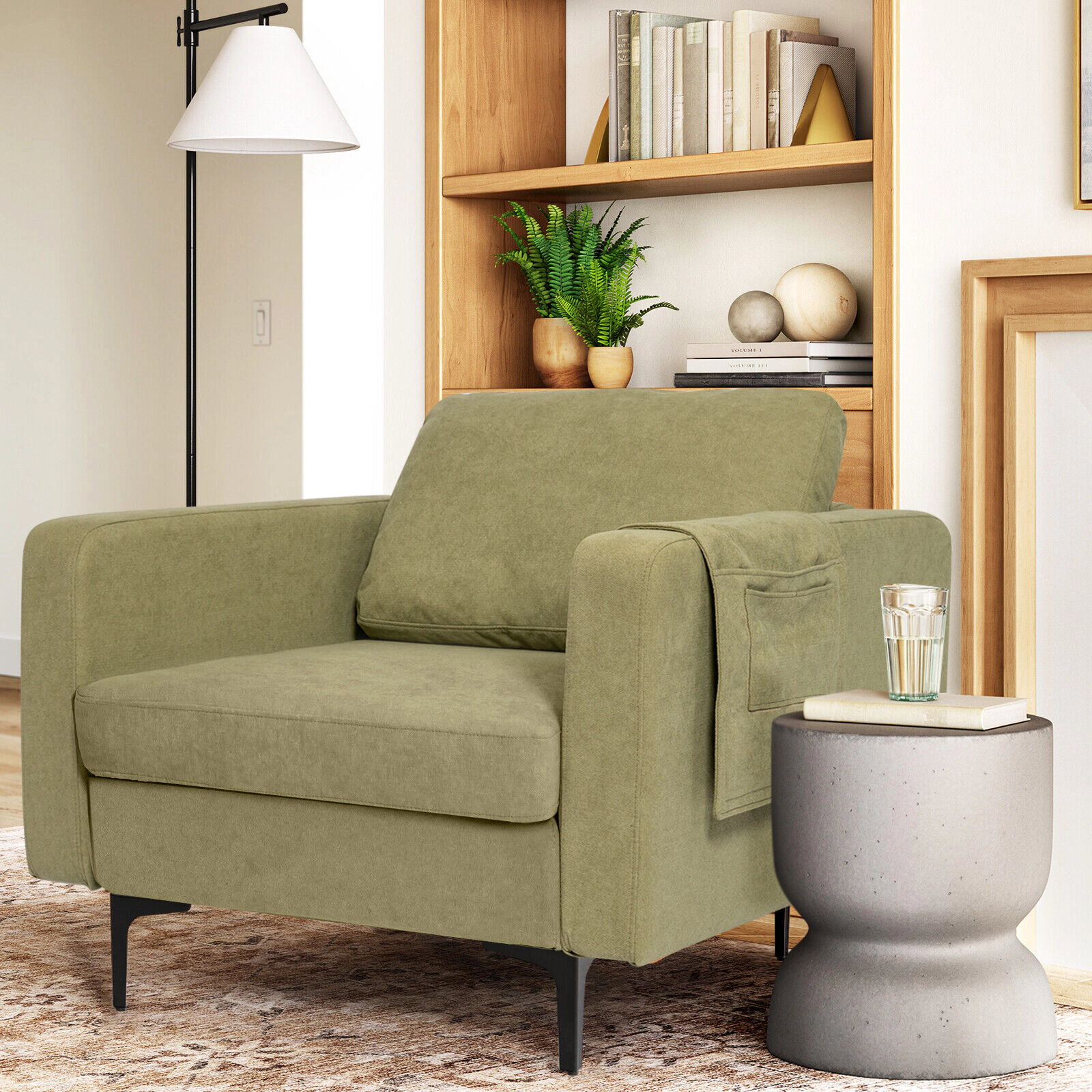 SUGIFT 660-lb Capacity Green Modern Accent Armchair with Side Storage Pocket and Solid Wood Metal Frame