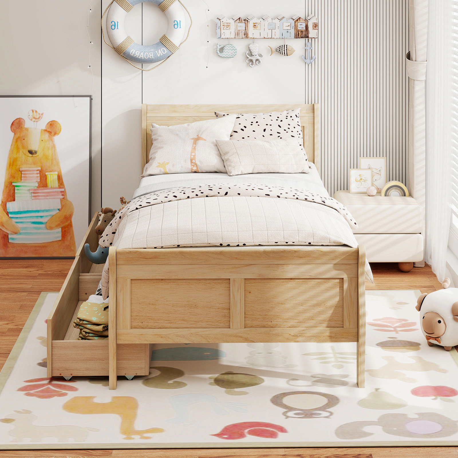 SUGIFT Twin Sleigh Platform Bed with 2 Storage Drawers, Natural Wood, 400-lb Capacity