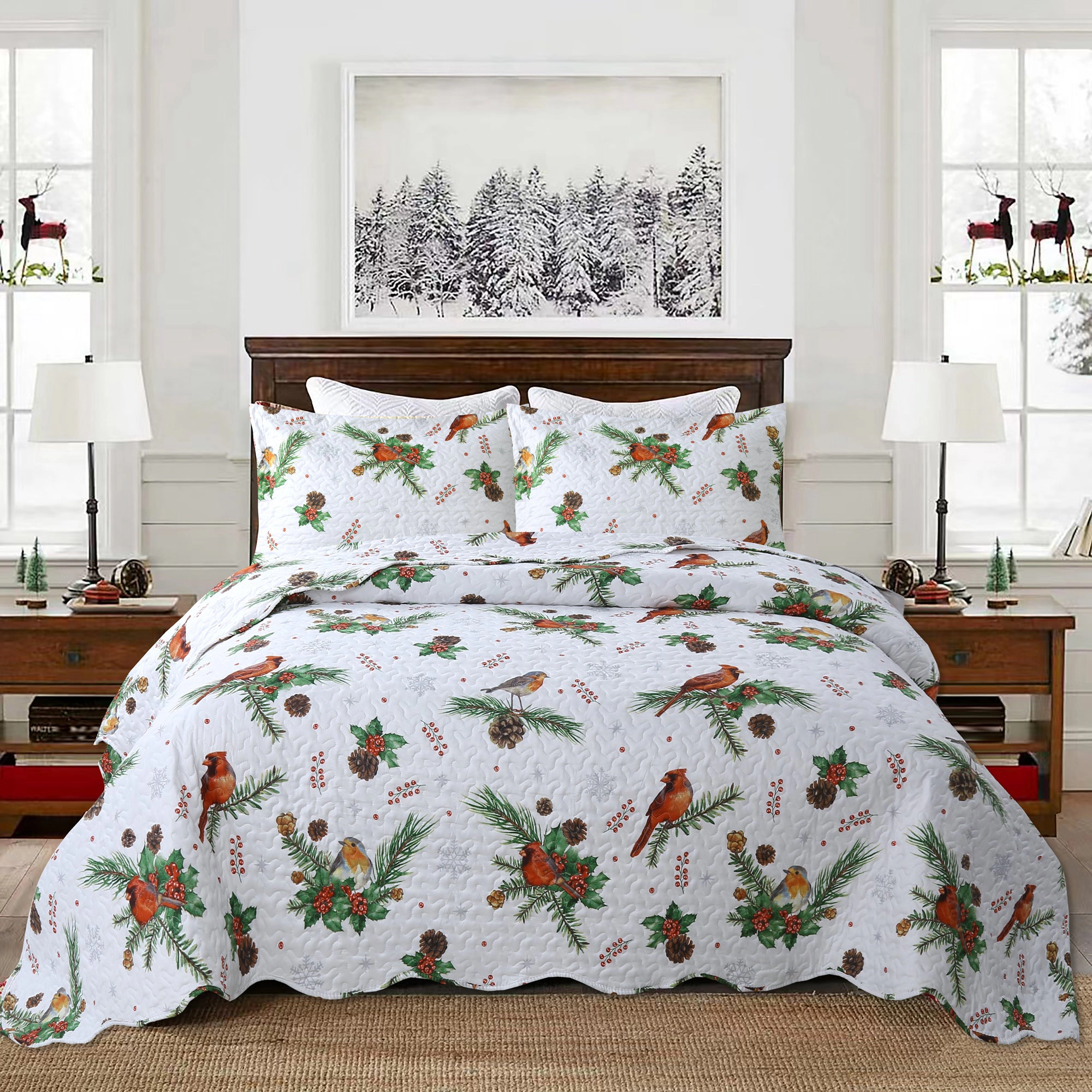 MarCielo 3 Piece Christmas Quilt Set, Red Cardinal Pinecone Bedspread Set