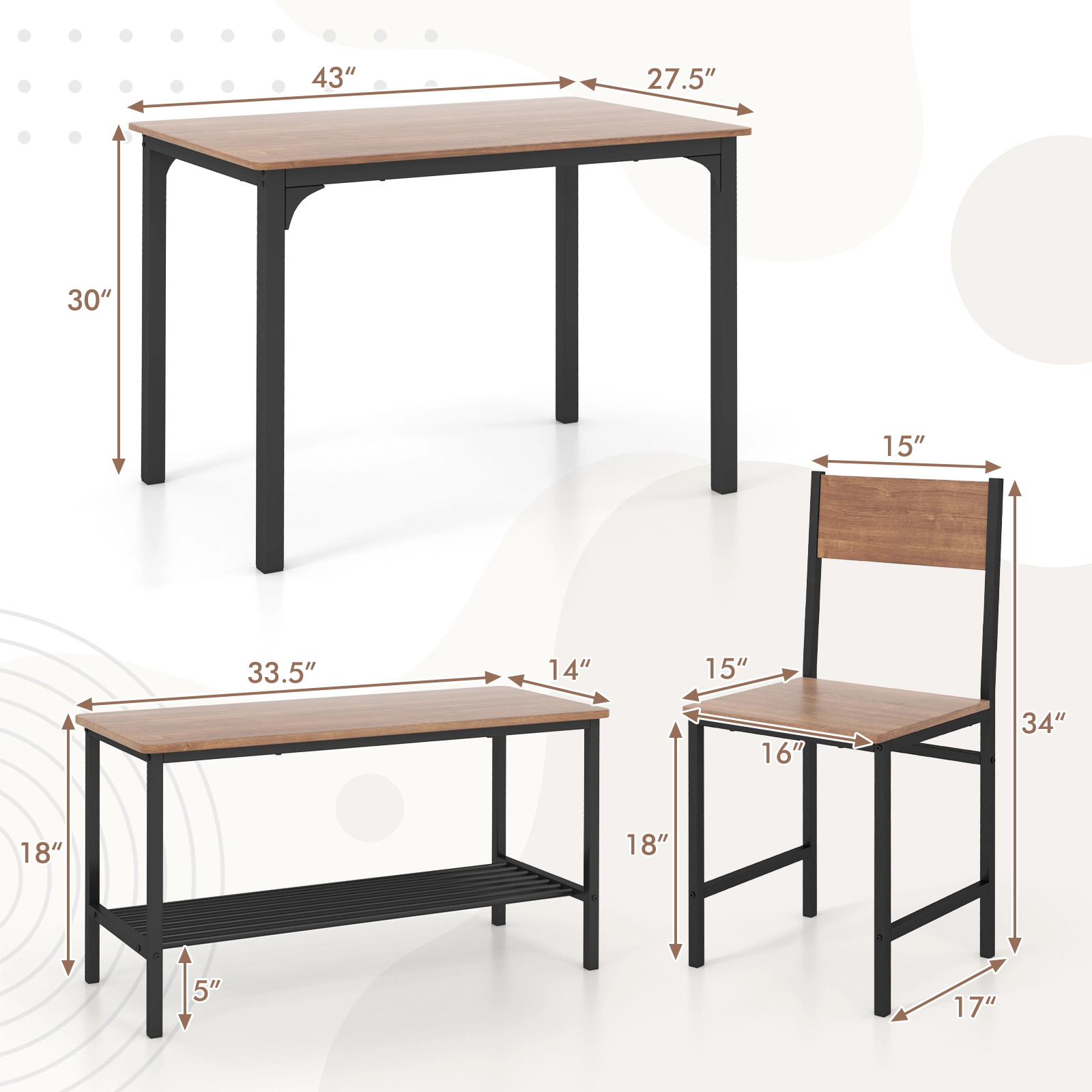 SUGIFT Rustic Dining Table Set with 2 Chairs & Storage Bench 200-lb Table 330-lb Chair 660-lb Bench Capacity