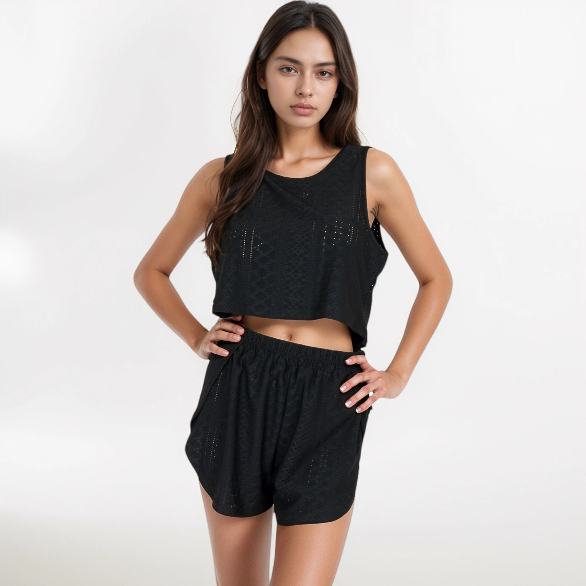 Anna-Kaci Women's Eyelet Tank and Lounge Shorts Set with Elastic Waist Relaxed Cropped Fit