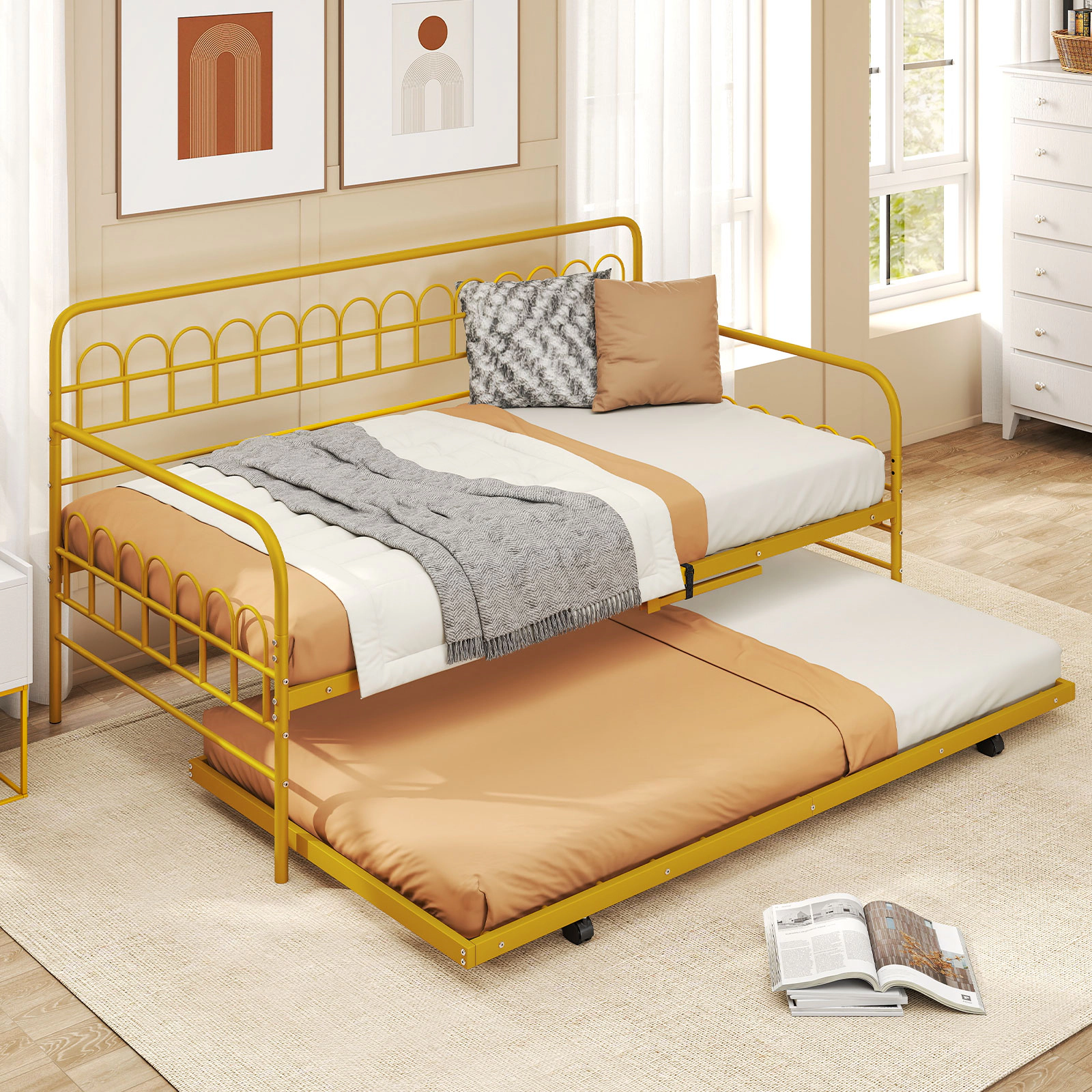 Twin Size Metal Daybed with Trundle Gold Sofa Bed Frame with Curved Backrest Armrests 26 Steel Slats