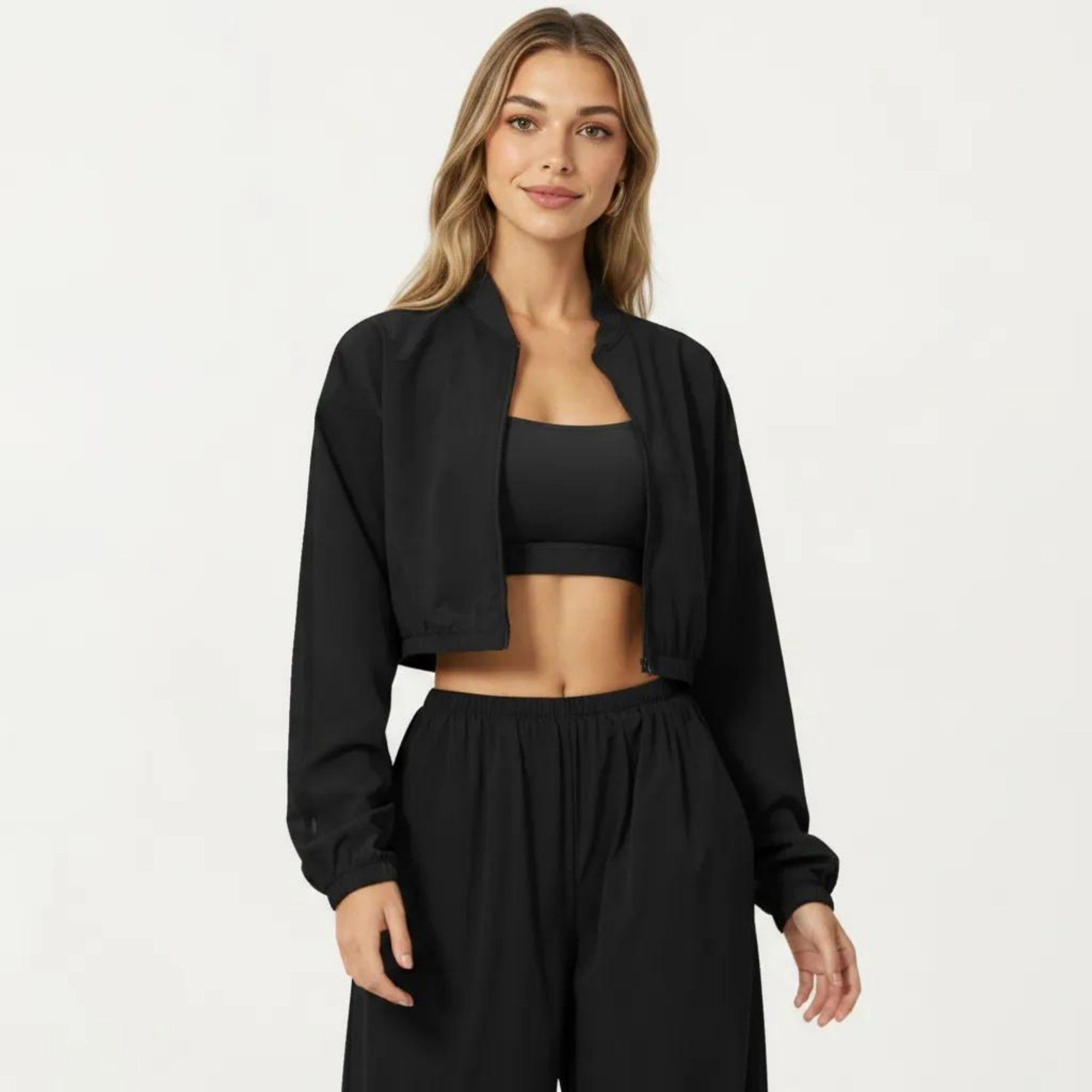 Anna-Kaci Women's Cropped Zip Front Jacket with Elastic Hem and Long Sleeves