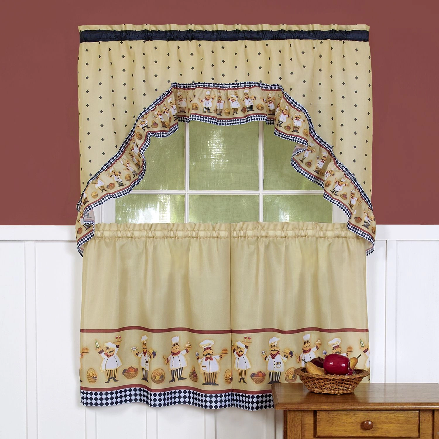 Kate Aurora Fat Chef Cucina Rod Pocket Cafe Kitchen Curtain Tier and Swag Valance Set