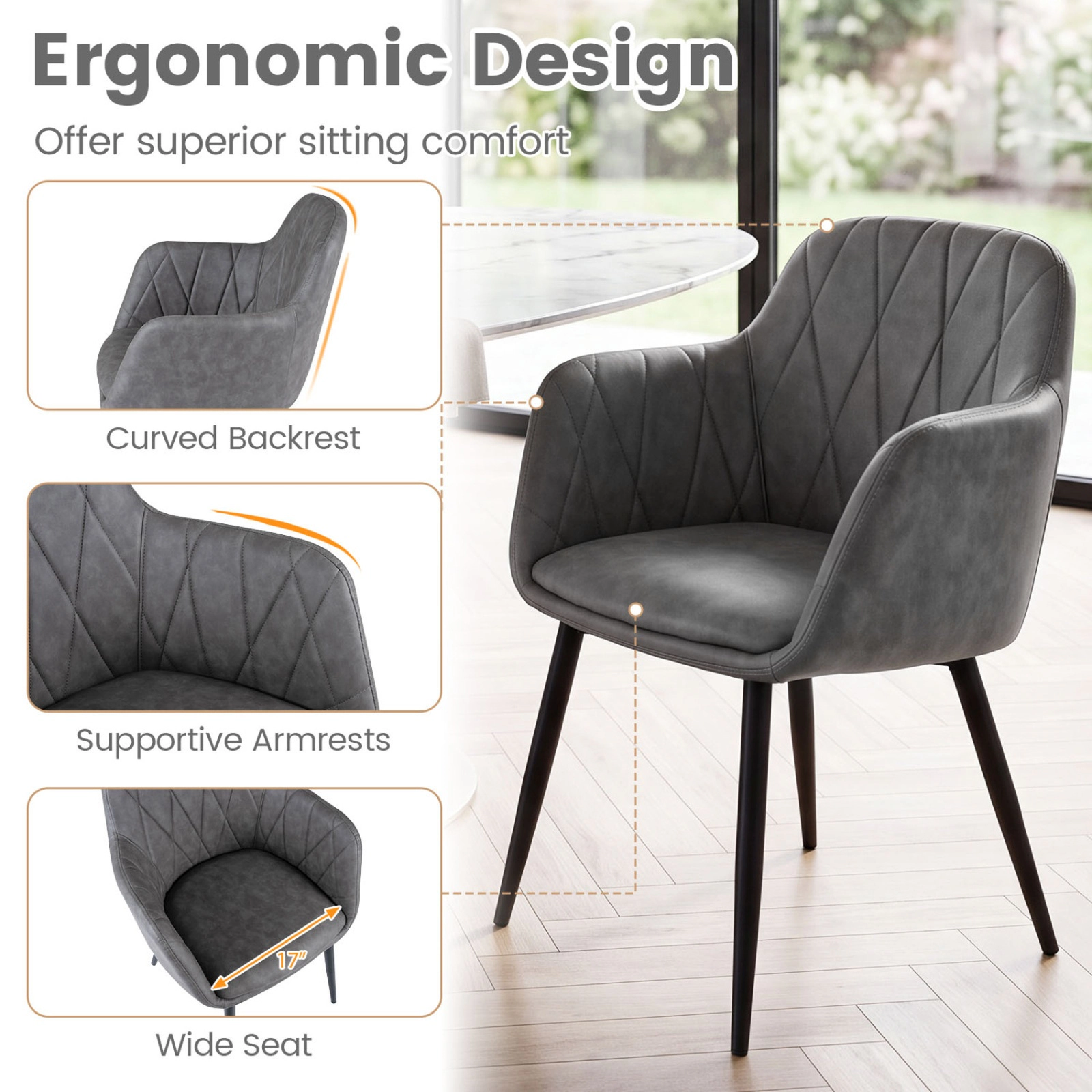 SUGIFT Set of 2 Gray PU Leather Dining Armchairs with Curved Back and Metal Legs