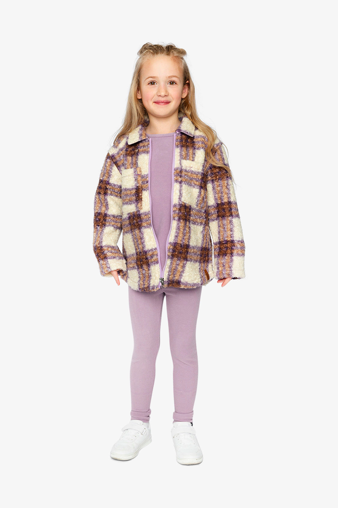 Deux par Girls Plaid Zipped Sherpa Overshirt with Chest Pockets