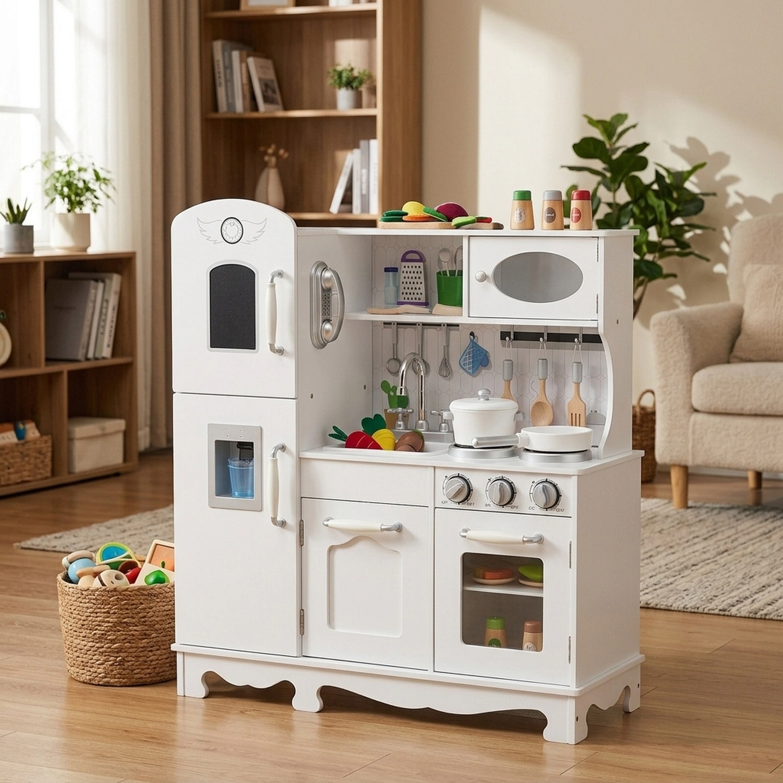 Kids Play Kitchen Water Dispenser Removable Sink Snap-On Doors 31-in Wide Kitchen Toy Set for Two Children Ages 3+ White