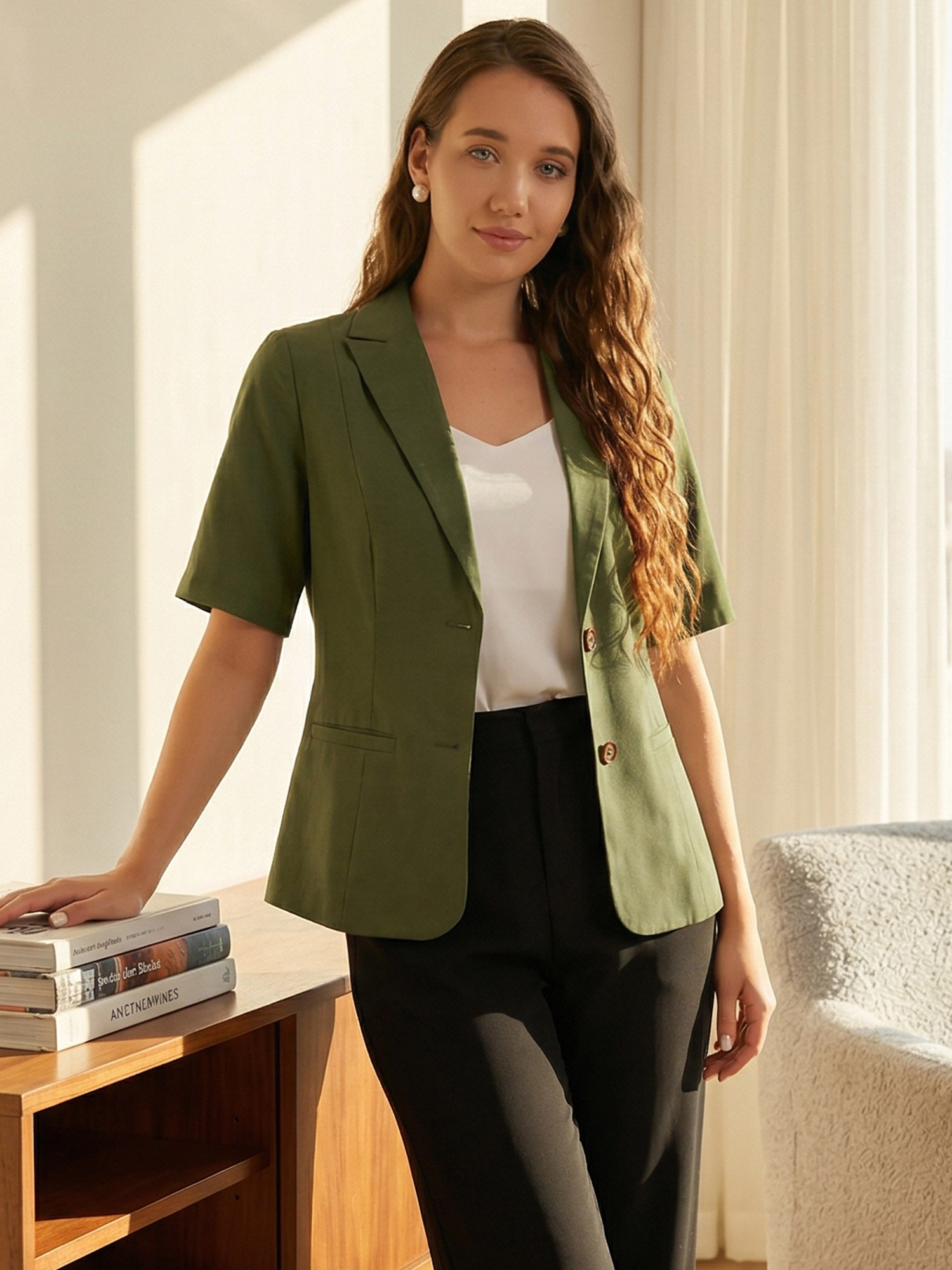 INSPIRE CHIC Women's Cotton Linen Button Office Business Short Sleeve Blazer