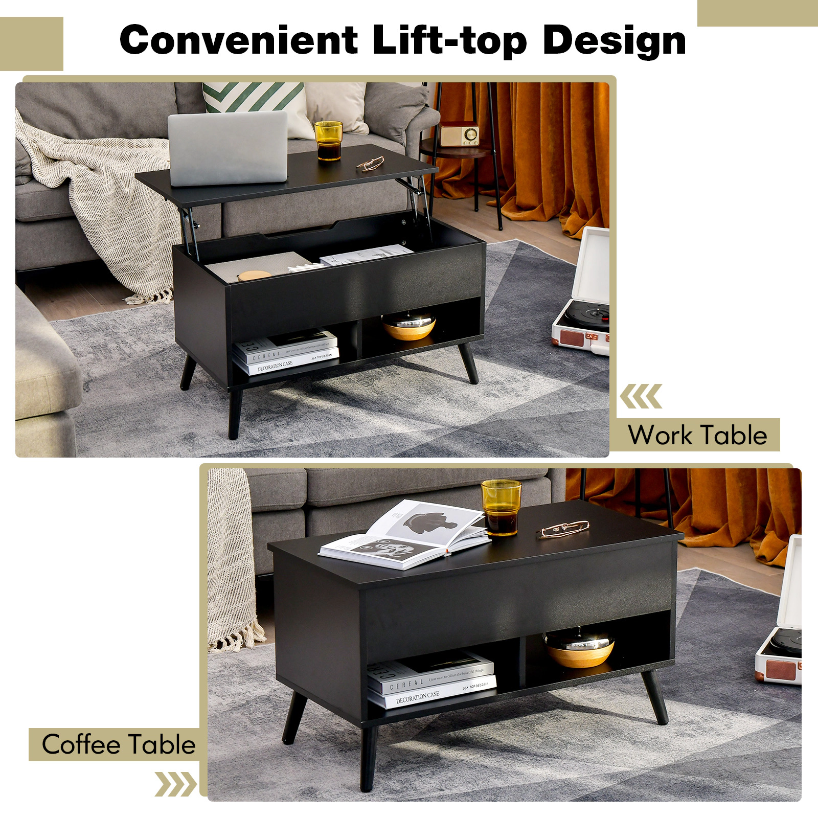 Glintex 31.5-Inch Lift-Top Coffee Table with Hidden Compartment and Shelves, Black