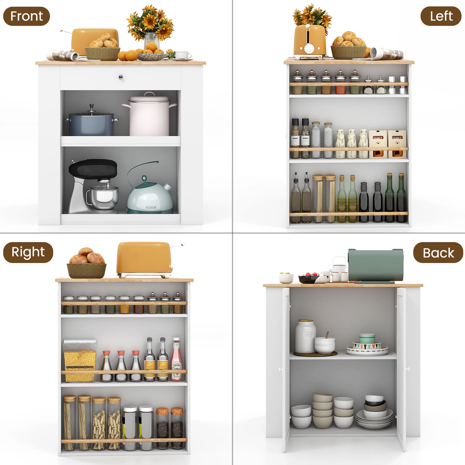 SUGIFT Modern Kitchen Island Prep Table with Rubber Wood Countertop 6 Spice Racks and Storage Shelves