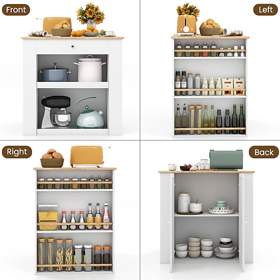 SUGIFT Modern Kitchen Island Prep Table with Rubber Wood Countertop 6 Spice Racks and Storage Shelves
