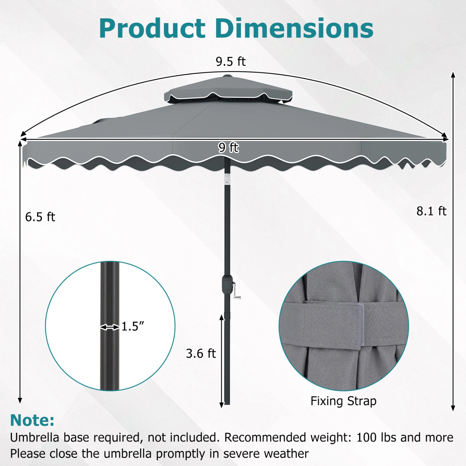 SUGIFT 9-ft Gray Ruffled Market Patio Umbrella, Vented Top, Crank Lift, Push-Button Tilt