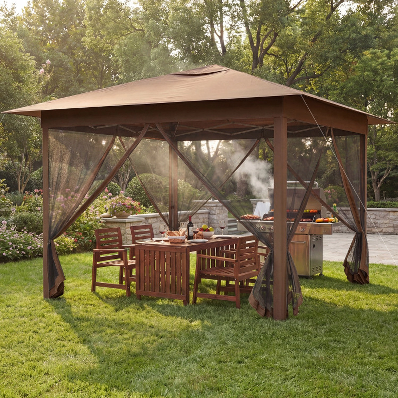 SUGIFT Brown Instant Pop Up Canopy Tent with Mesh Screen Netting and 8 Ground Stakes 11.5-ft W 11.5-ft D 8.8-ft H