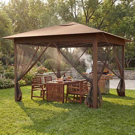 SUGIFT Brown Instant Pop Up Canopy Tent with Mesh Screen Netting and 8 Ground Stakes 11.5-ft W 11.5-ft D 8.8-ft H