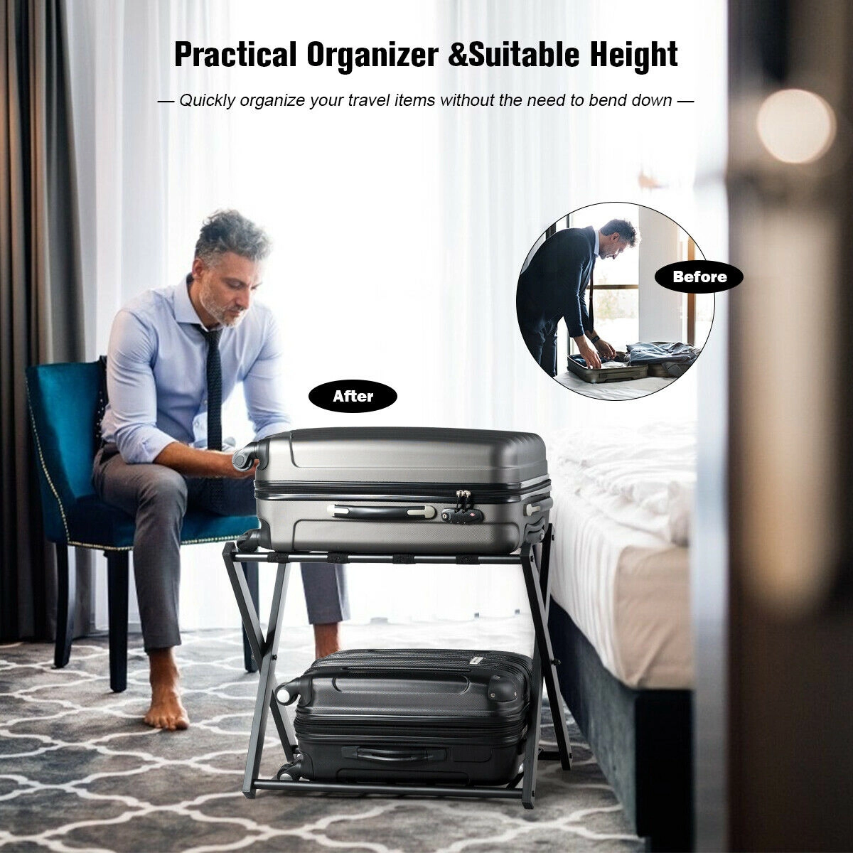 SUGIFT Folding Metal Luggage Racks with Removable Bottom Shelf 130-lb Capacity Black and White
