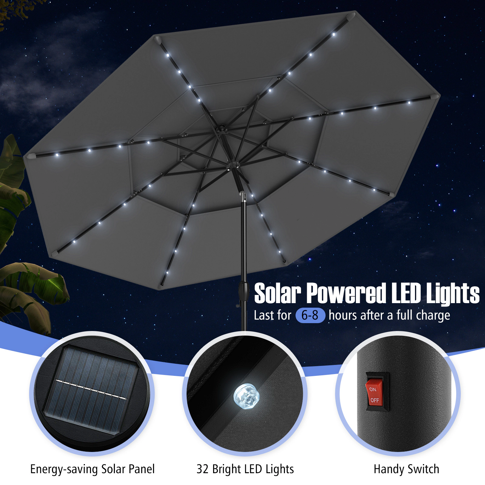 SUGIFT 10.3 ft Solar Patio Umbrella with 3-Tier Vented Top and 32 LED Lights