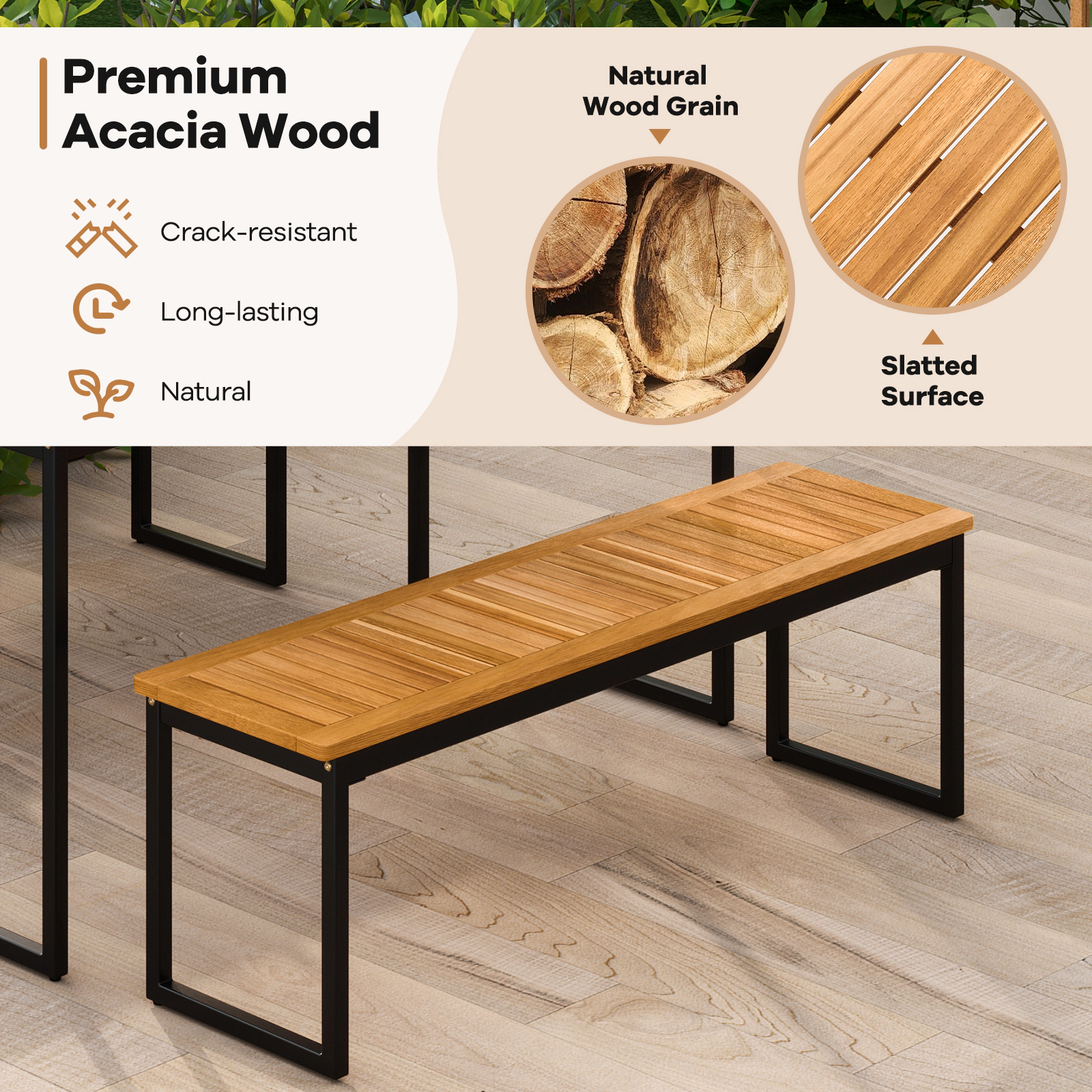SUGIFT Set of 2 Acacia Wood Patio Dining Benches 51-in Long 800-lb Capacity Indoor Outdoor Natural + Black