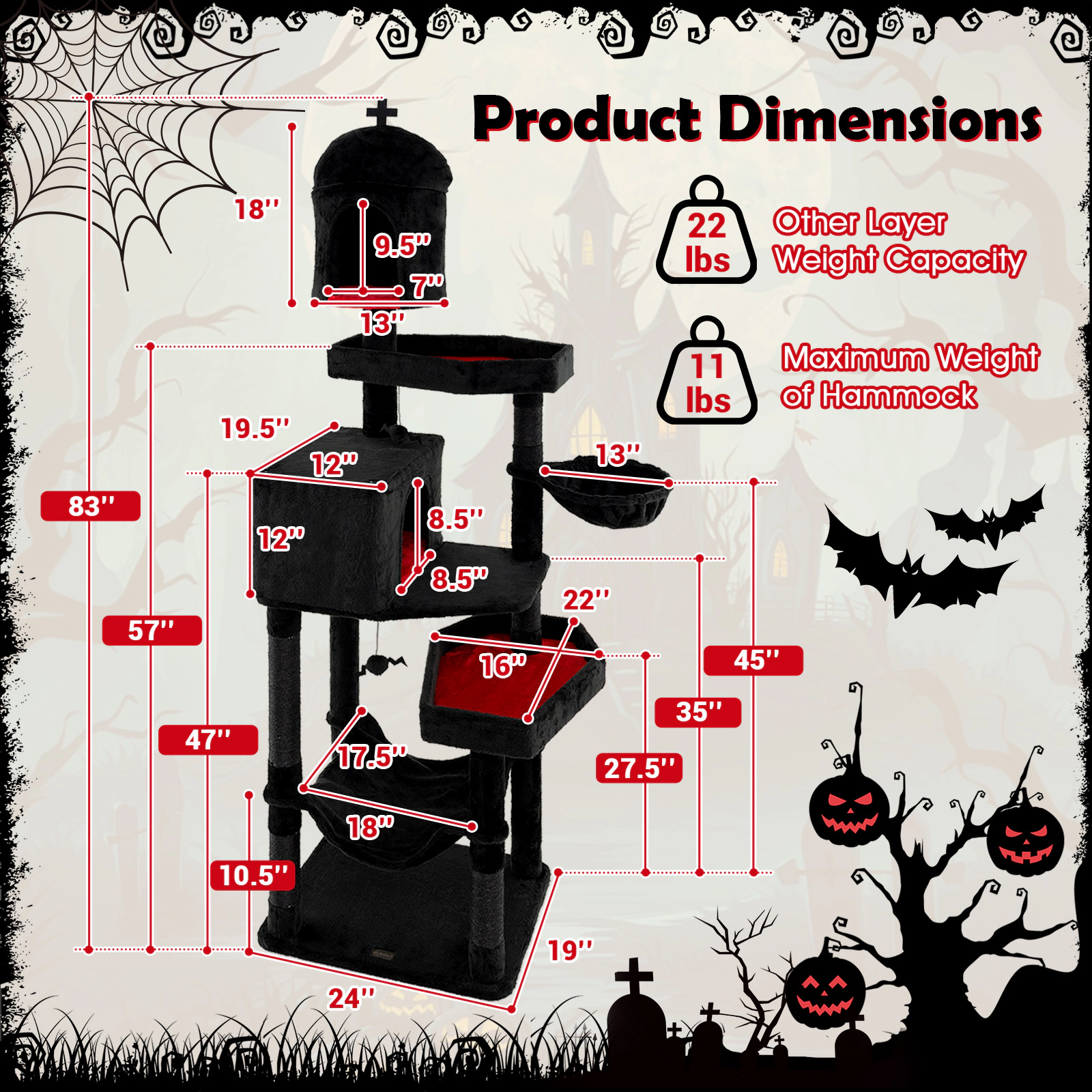 SUGIFT Gothic Cat Tree with 2 Cat Condos Coffin Beds Hammock 83-in Tall 22-lb Layers 11-lb Hammock Black & Red