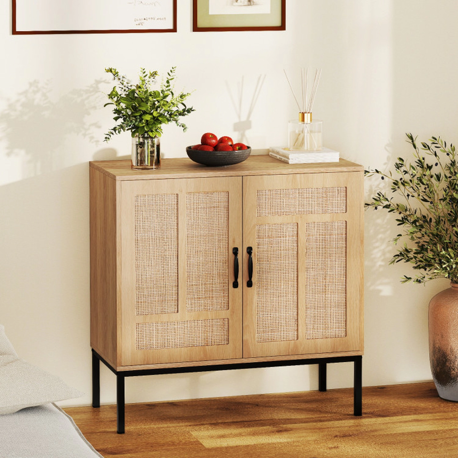 SUGIFT Boho Storage Sideboard Cabinet with Asymmetrical Rattan Doors 100-lb Tabletop Capacity Natural