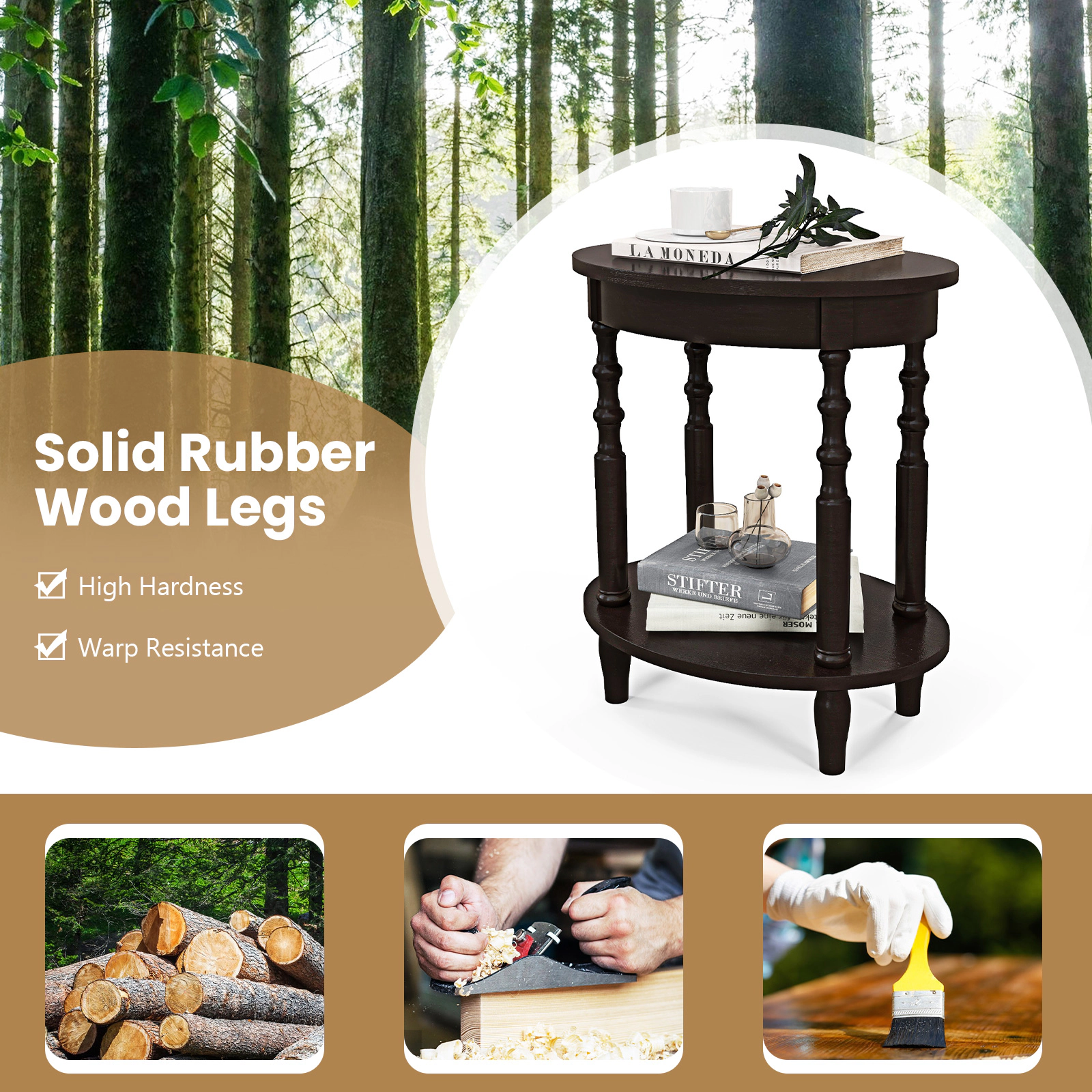 Glintex Oval 2-Tier Side Table with 245-Lb Thickened Top and Rubber Wood Legs