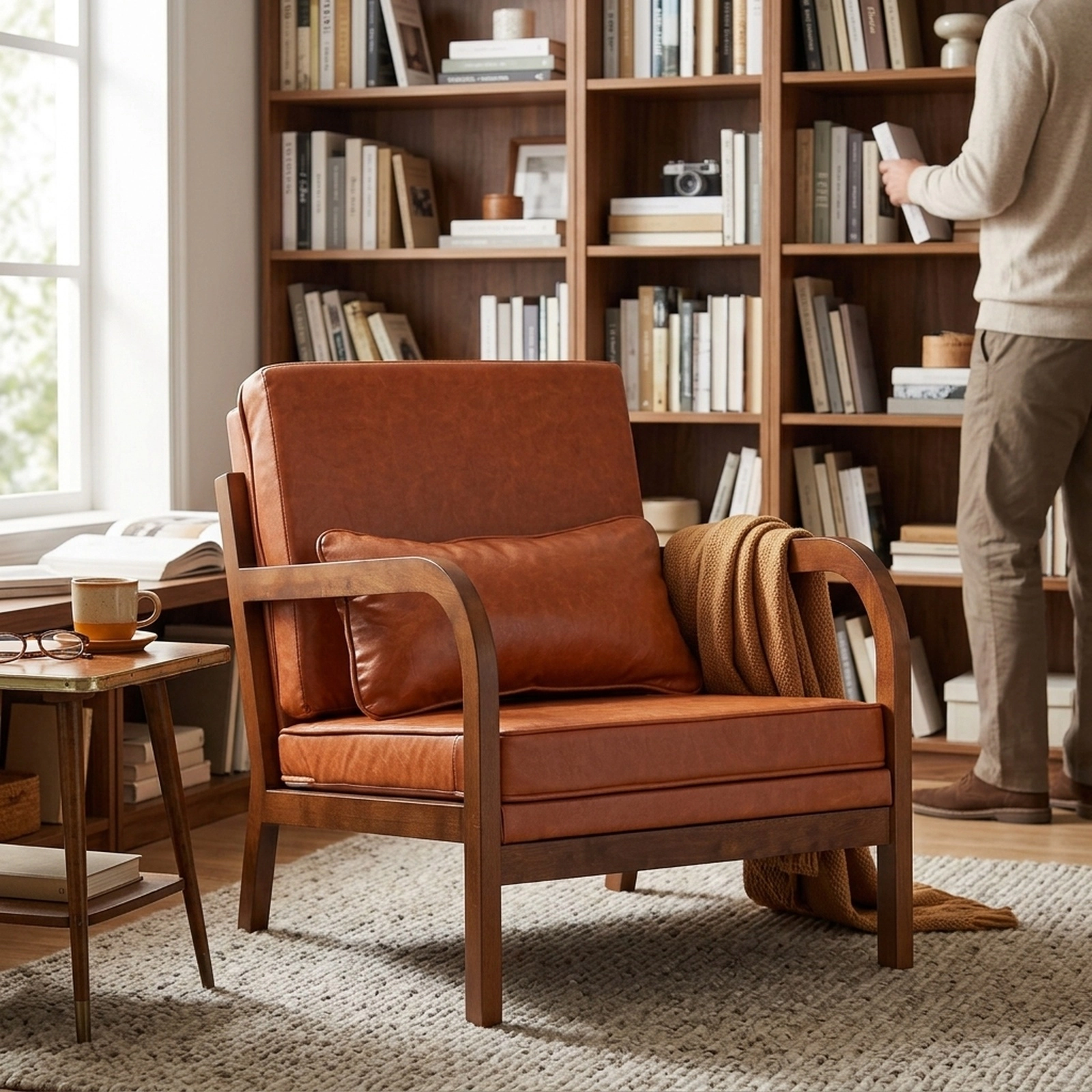 Modern Accent Chair Faux Leather and Linen Upholstered Armchair with Removable Lumbar Pillow Rubber Wood Frame Brown