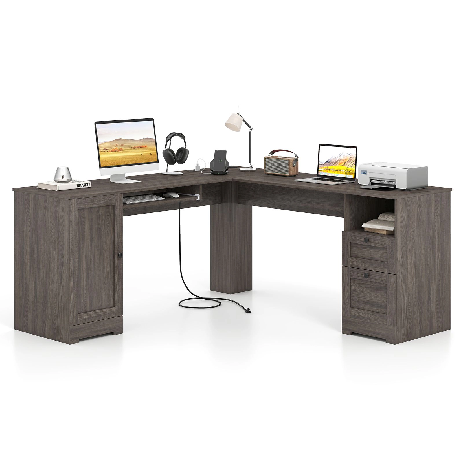 SlickBlue L-Shaped Computer Desk With Cabinet & Charging Station