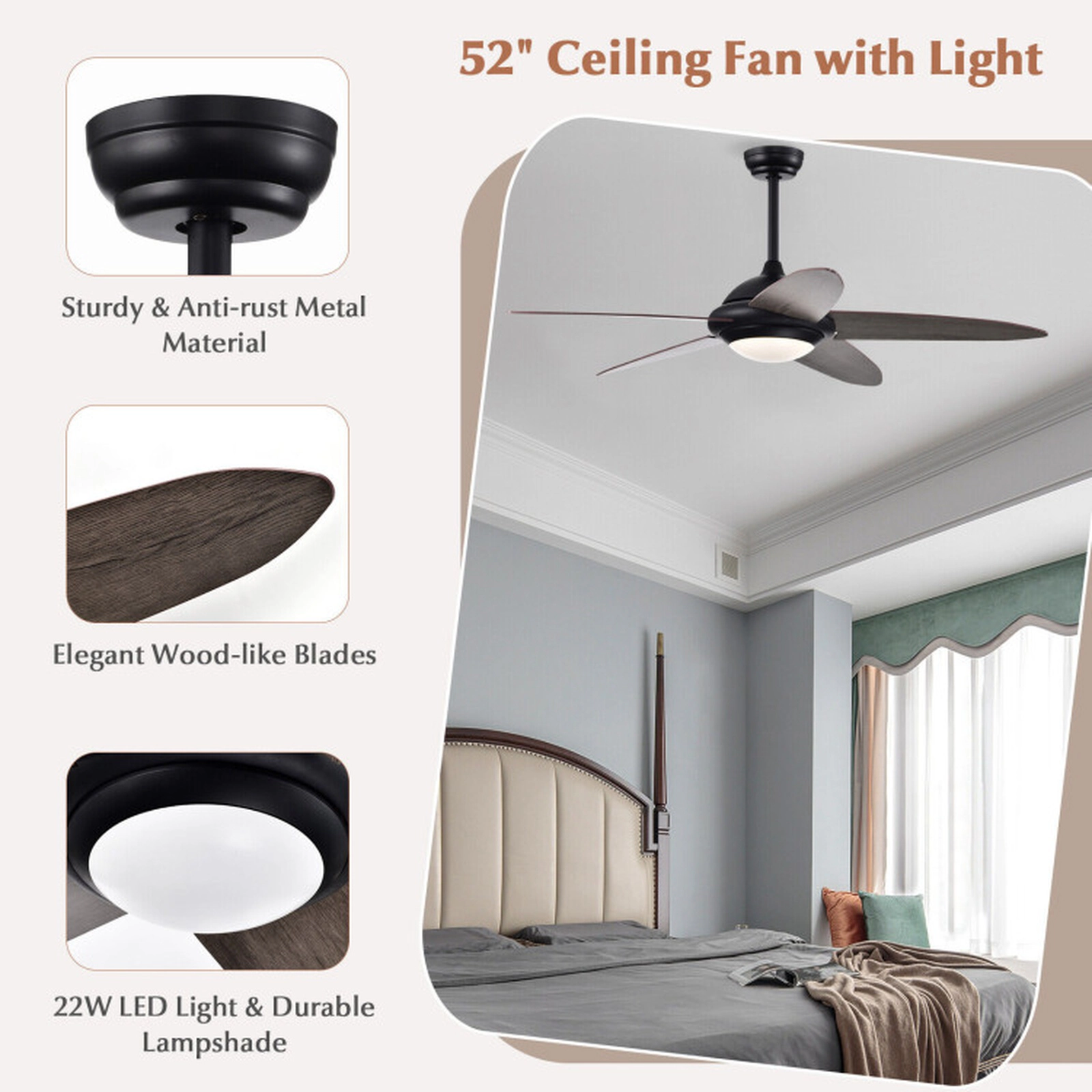 SUGIFT 52-in 3-Speed Reversible Ceiling Fan with LED Lights and 3 Lighting Colors 22W 5-Blade Black/Silver/White
