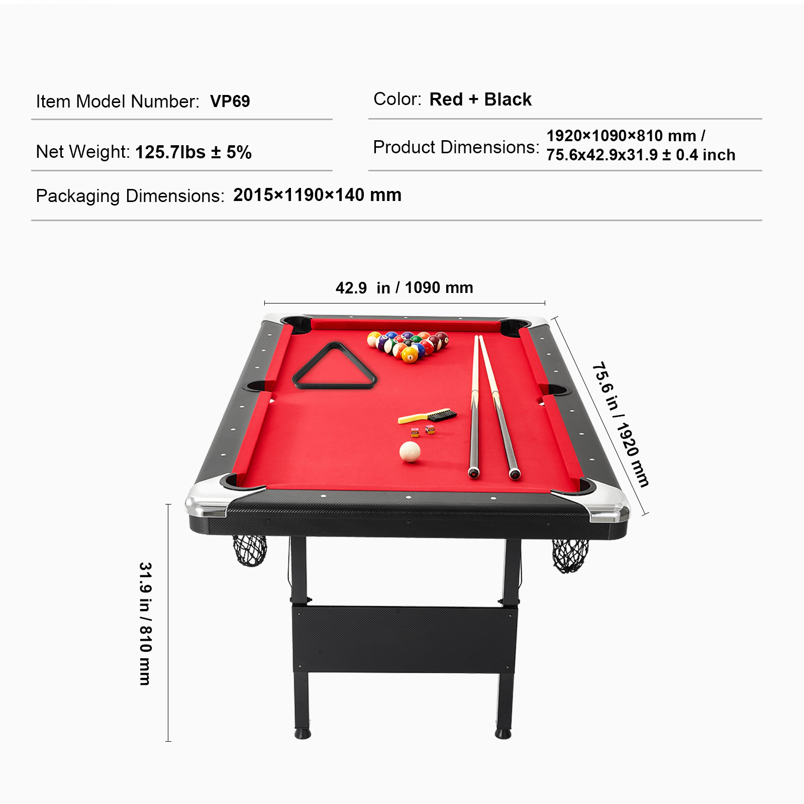 HONGGE Pool Table Portable Billiards Foldable Space-Saving Game Set Includes Brush with Cloth for Family Room