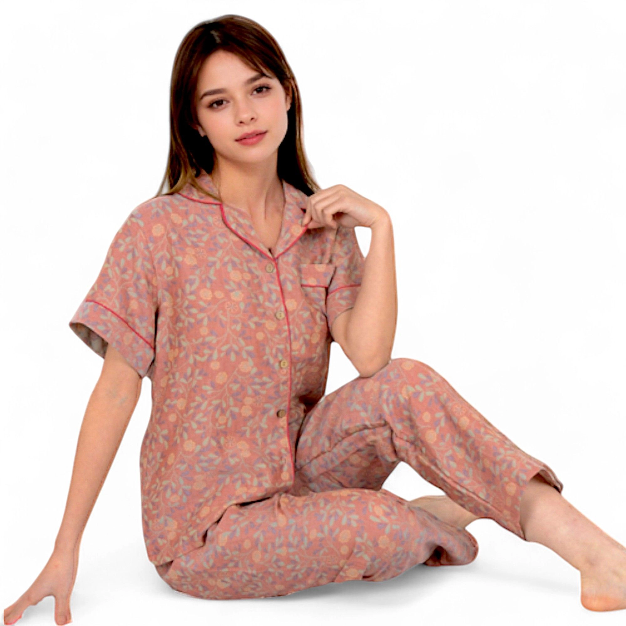 Anna-Kaci Women's Floral Print Short Sleeve Pajama Set with Button Up Top and Piping Details
