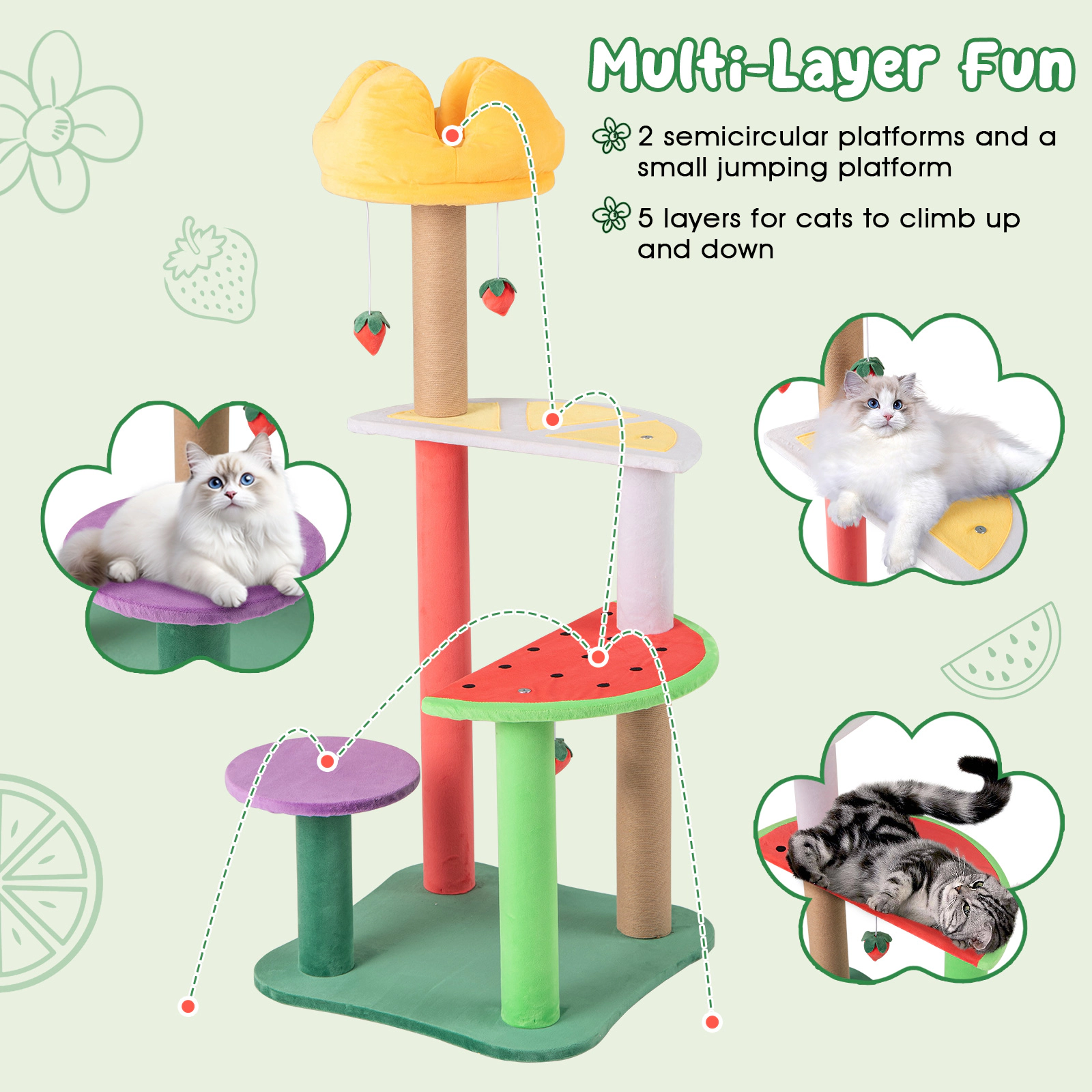 Glintex 45-Inch Fruit-Themed Cat Tree with Crown-Shaped Padded Top Perch, Multicolor