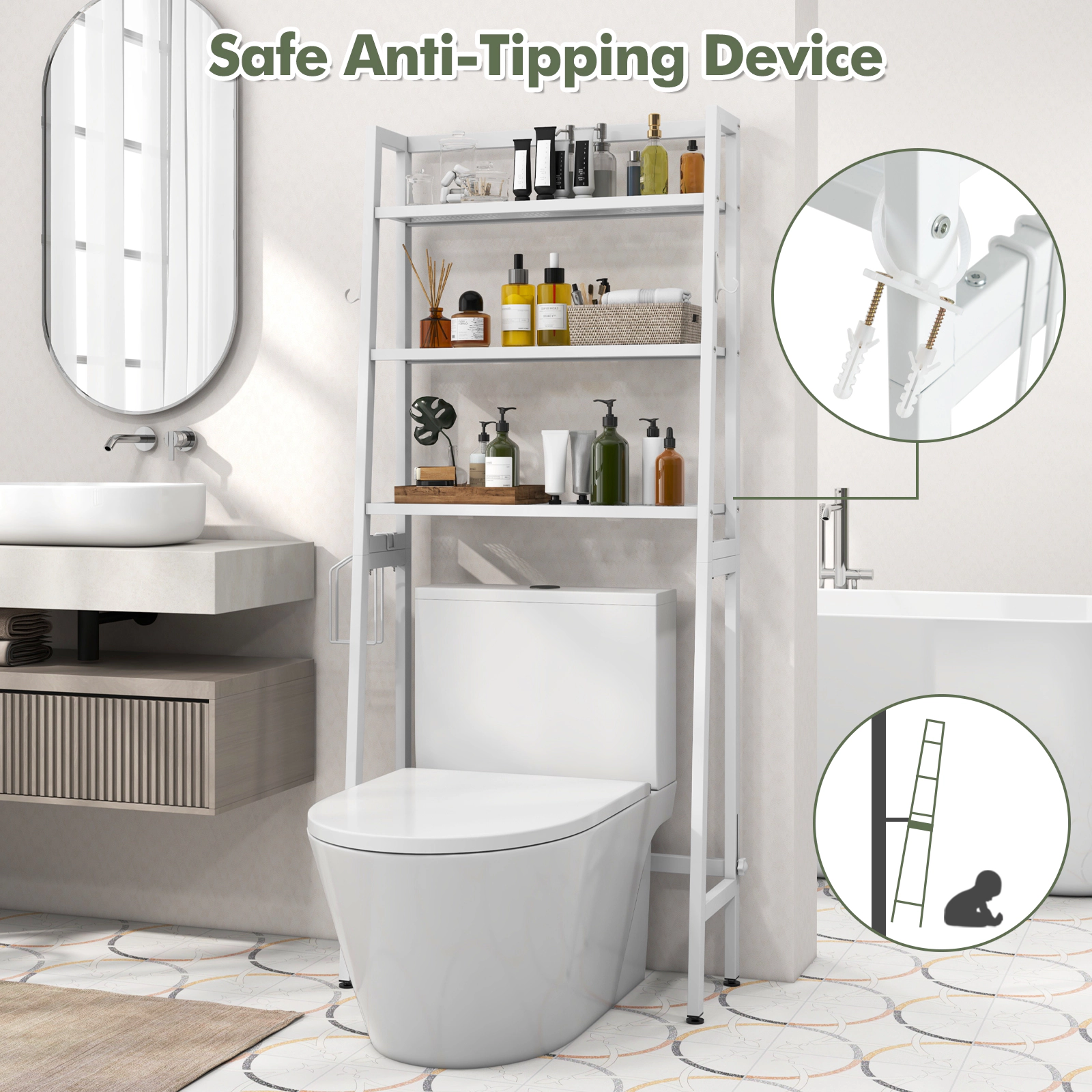 SUGIFT 3-Tier Over The Toilet Metal Storage Shelf with Adjustable Bottom Bar 132-lb Capacity White