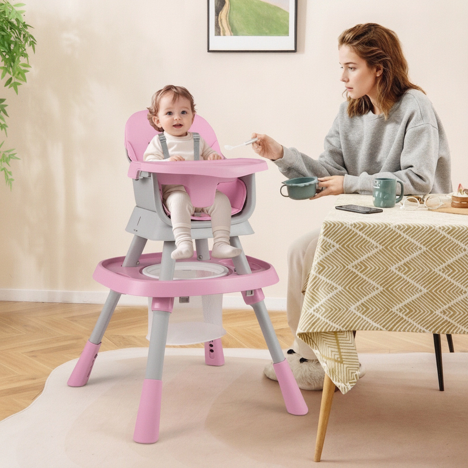 Convertible Baby High Chair and Kids Learning Table Double-Sided Craft and Building Block Tabletop 6 to 36 Months Pink