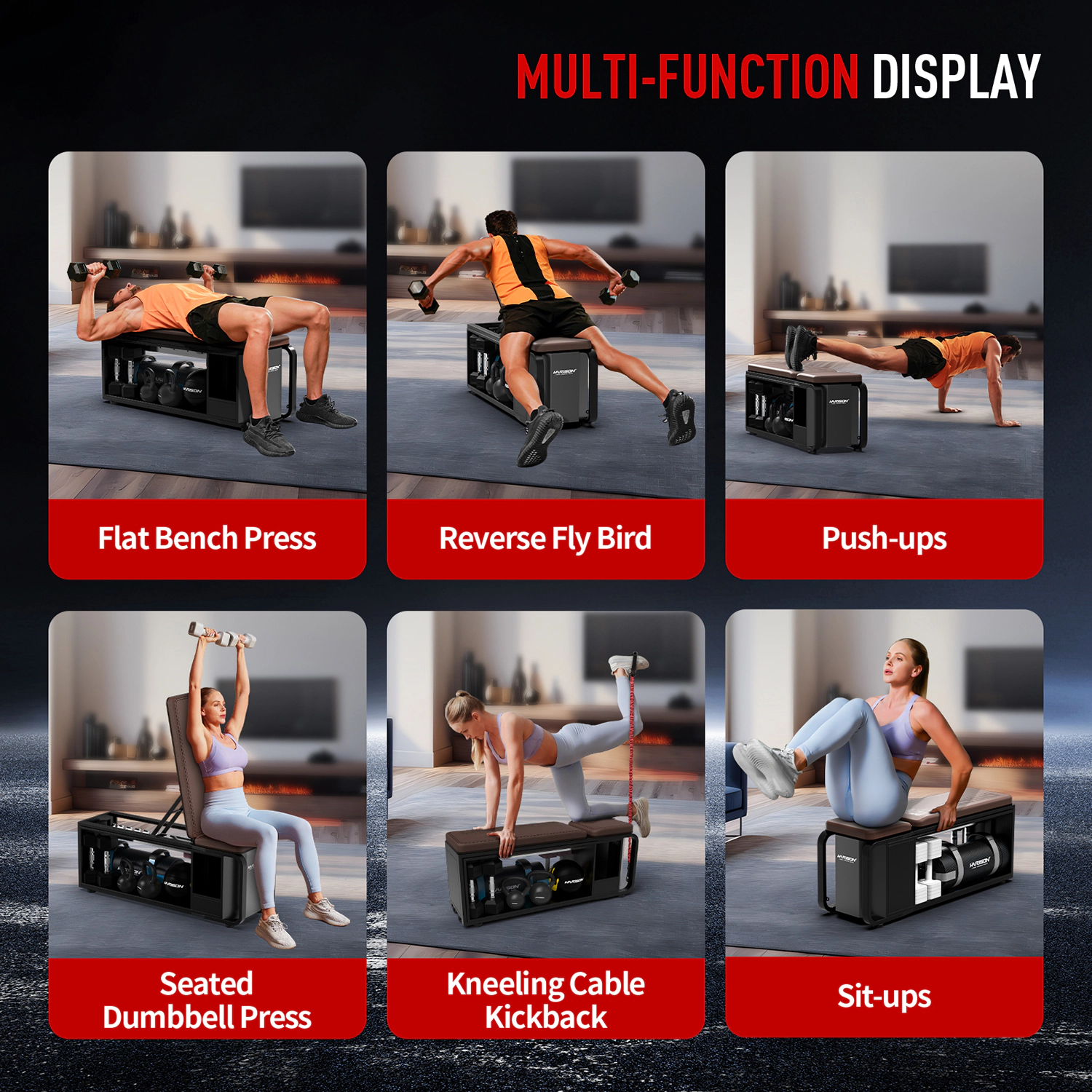 HARISON Adjustable Weight Bench for Home Gym with Dumbbell Storage Rack, Heavy-Duty Steel Frame & Mobile Design
