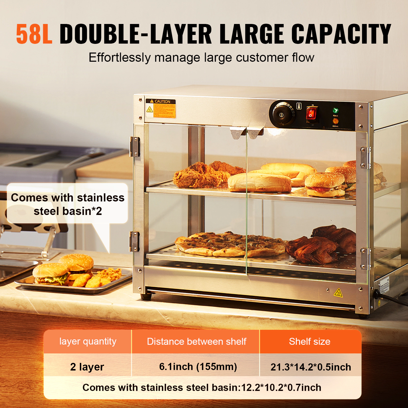 HONGGE Commercial Food Warmer Display 800W Food Display Warmer with Light to Enhance Food Display 86℉~185℉ Temperature