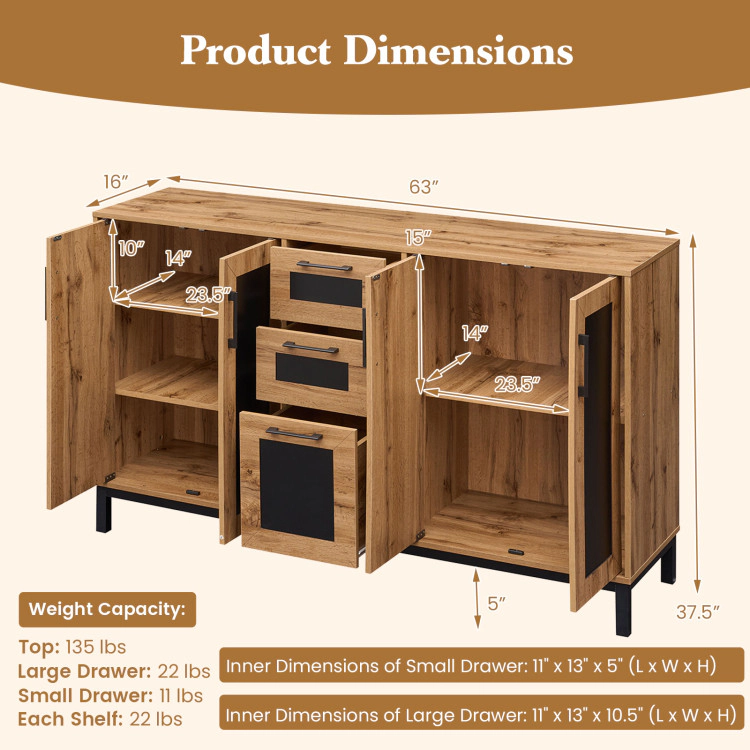 Hivvago 63" Sideboard Buffet Cabinet With 3 Drawers And Storage Shelves