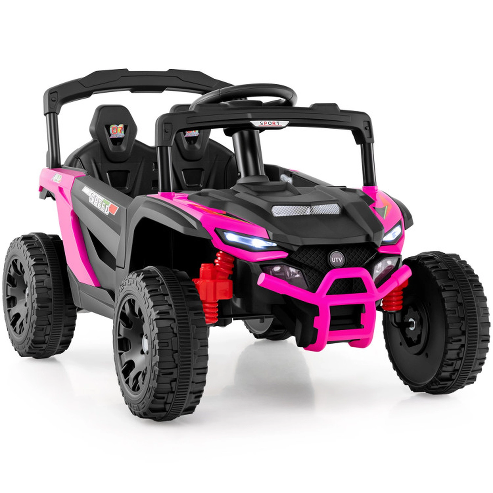 SUGIFT 12V Electric Ride On UTV Car with Remote, LED Lights, Music and Horn 66-lb Capacity Ages 3+ Hot Pink 35.5-in Long