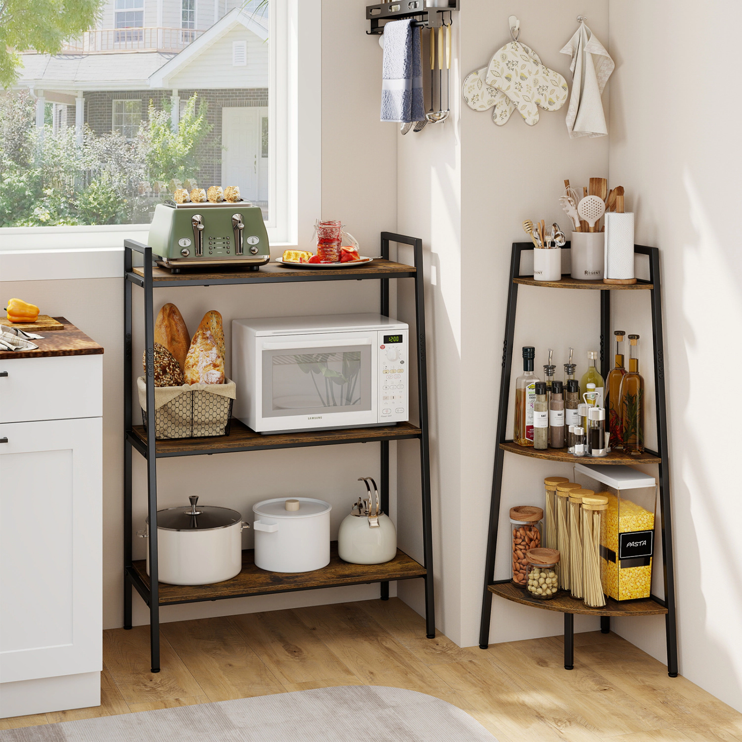LJG 3-Tier Ladder Shelf and Corner Shelf Set with Metal Frame