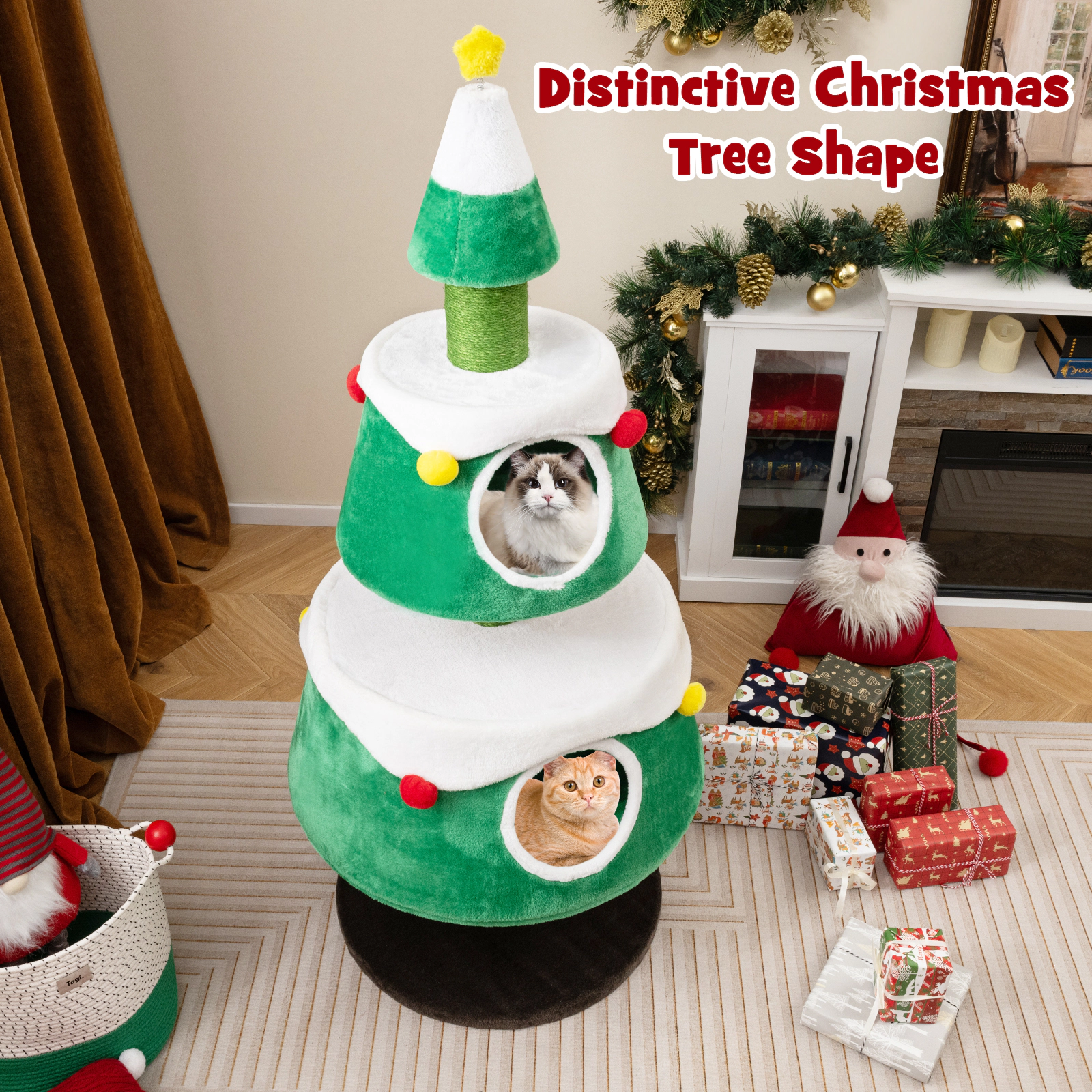 SUGIFT Green 60 in Christmas Cat Tree Holiday Tower with 2 Spacious Condos